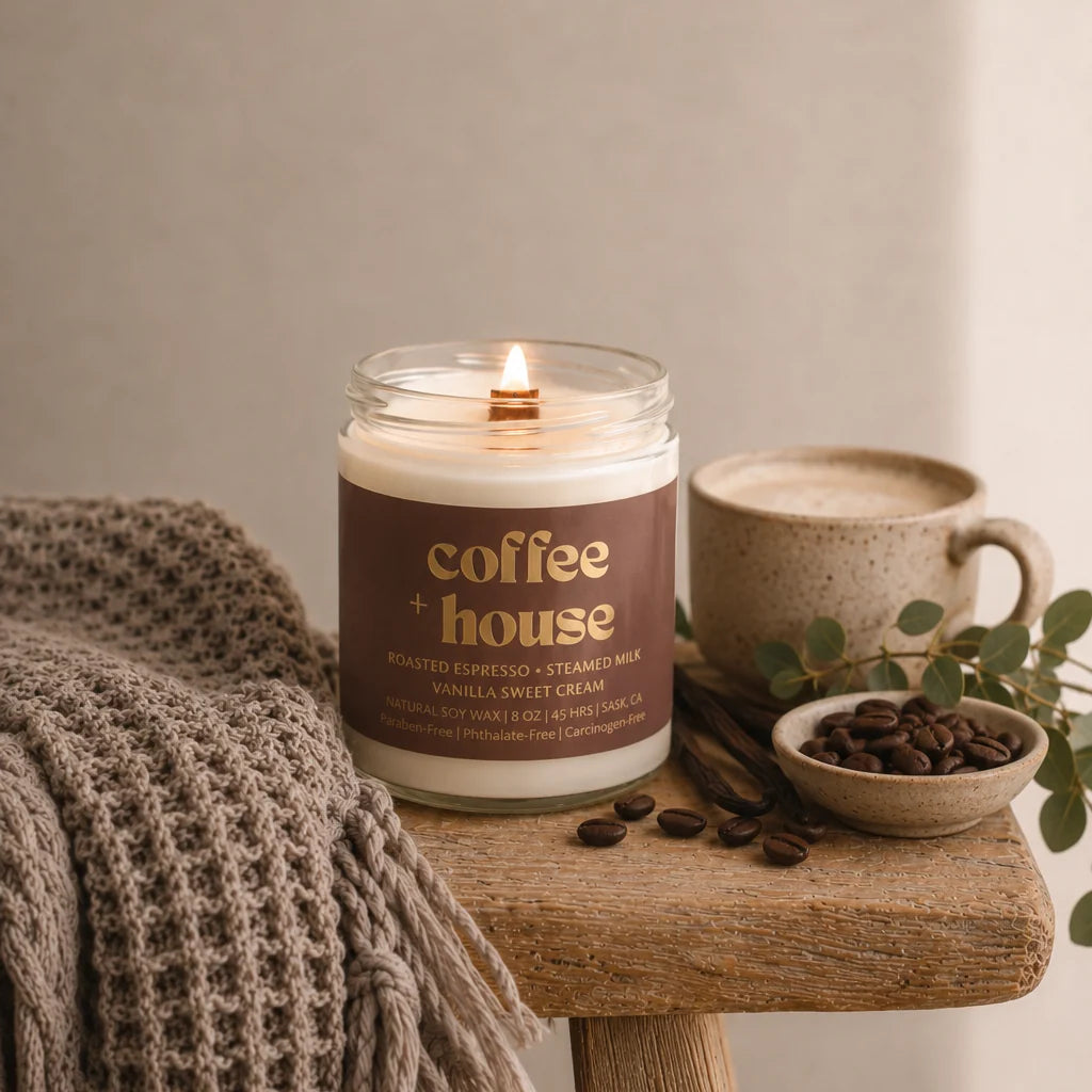 Prairie Creek Candle Coffee House 8oz soy candle amber jar — Cloud Nine Pajamas Edmonton
