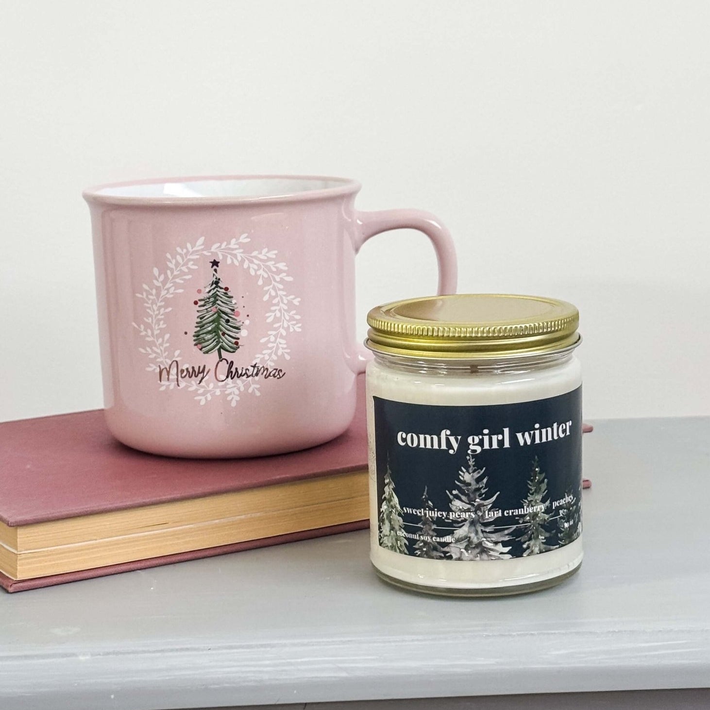 coconut soy wax candle in comfy girl winter scent - pear, cranberry, peach