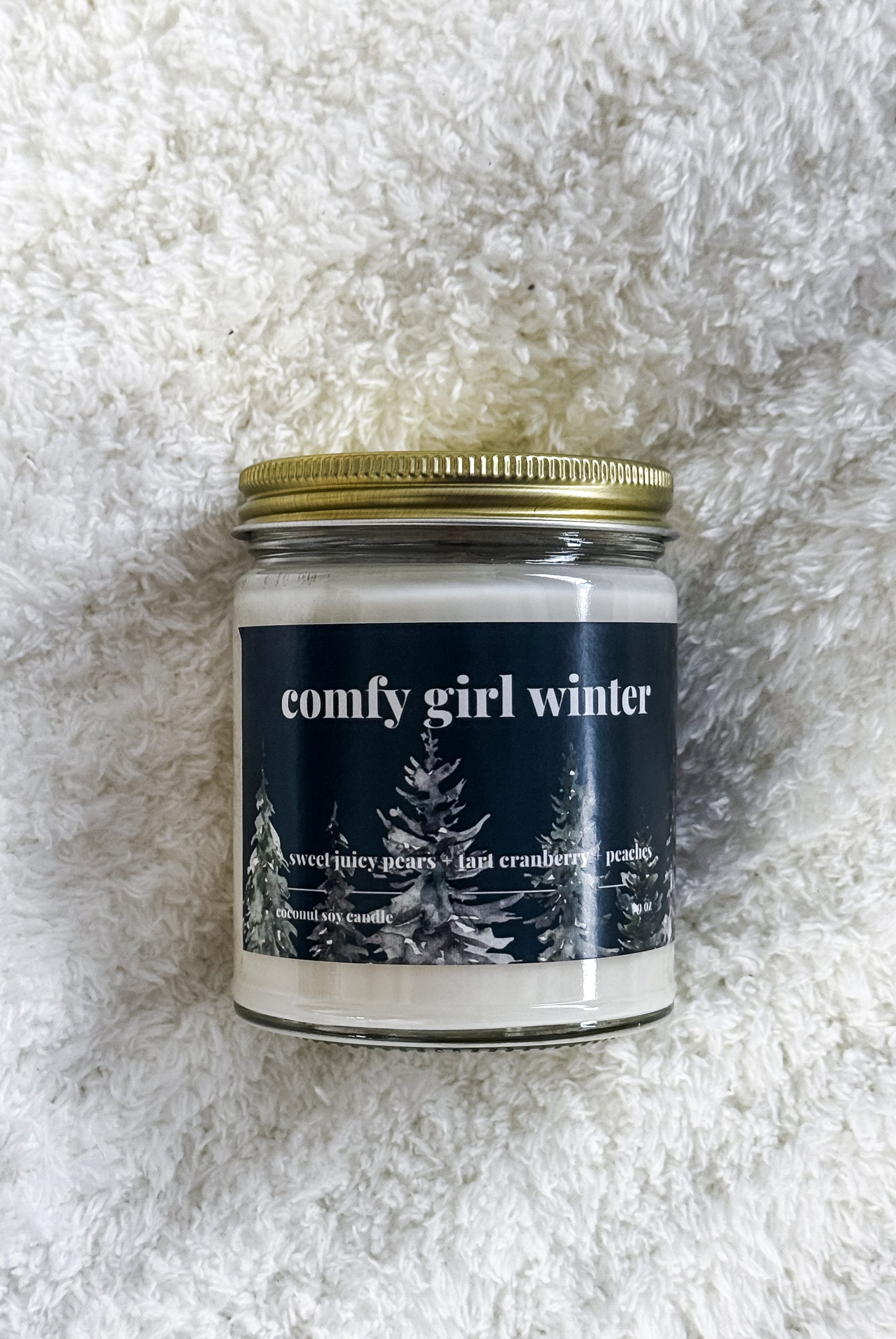 coconut soy wax candle in comfy girl winter scent - pear, cranberry, peach