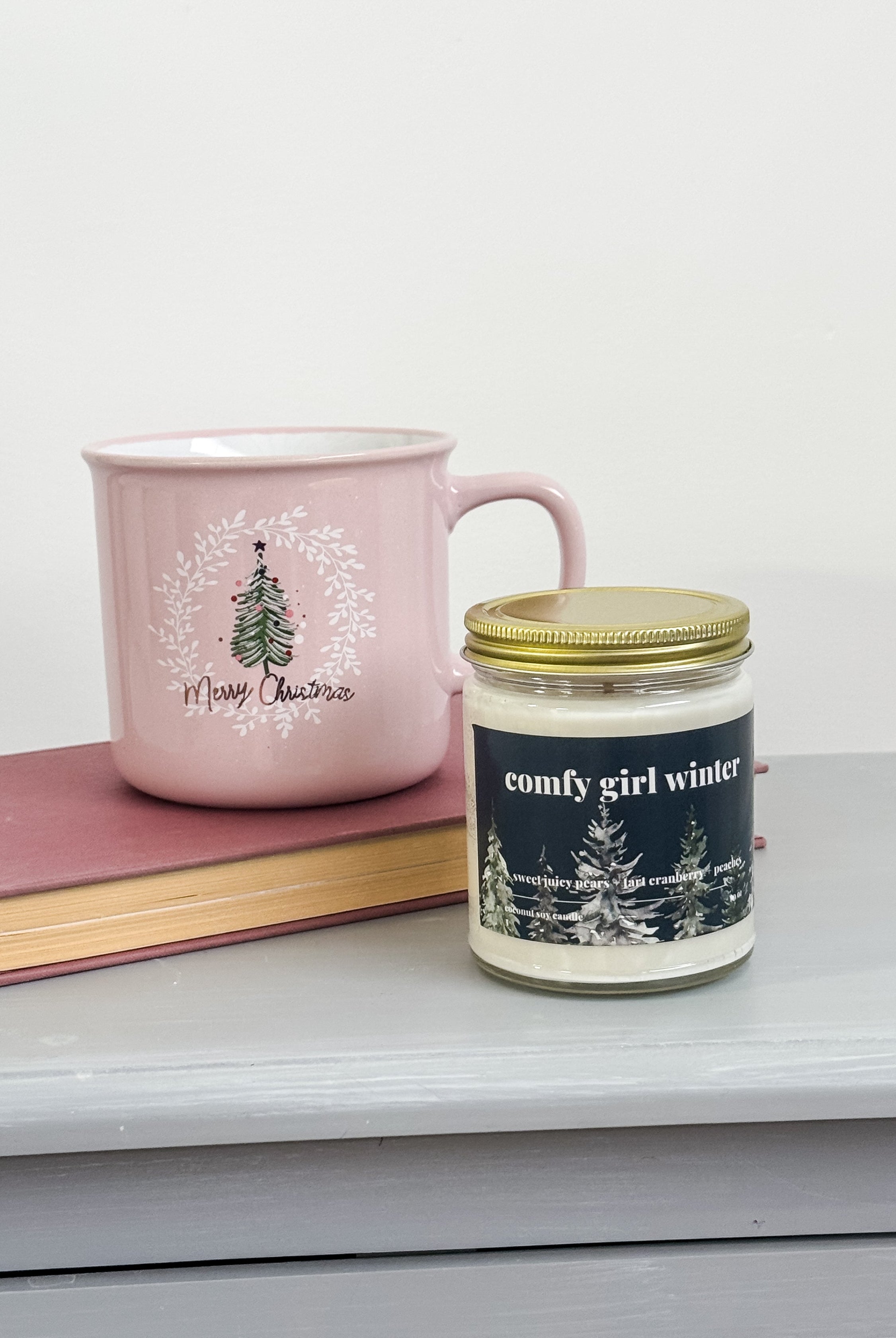 coconut soy wax candle in comfy girl winter scent - pear, cranberry, peach