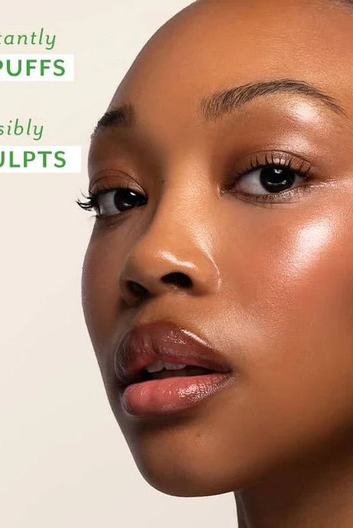 Close-up of a woman's face with text indicating product benefits on a beige background, Patchology Cool Crush cryo-inspired hydrogel face mask depuffing