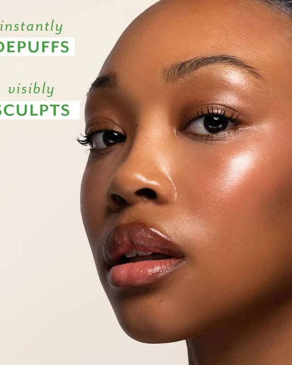 Close-up of a woman's face with text indicating product benefits on a beige background, Patchology Cool Crush cryo-inspired hydrogel face mask depuffing