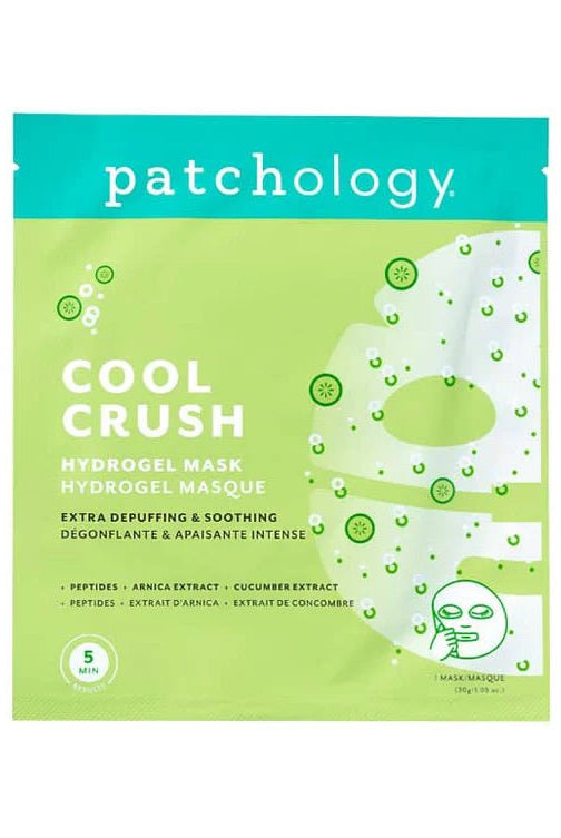 Patchology Cool Crush hydrogel mask packaging on a white background, Patchology Cool Crush cryo-inspired hydrogel face mask depuffing