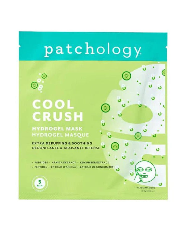Patchology Cool Crush hydrogel mask packaging on a white background, Patchology Cool Crush cryo-inspired hydrogel face mask depuffing