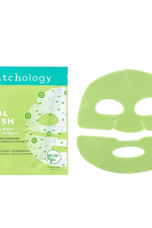 Patchology Cool Crush hydrogel mask packaging and mask on a white background, Patchology Cool Crush cryo-inspired hydrogel face mask depuffing