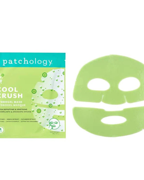 Patchology Cool Crush hydrogel mask packaging and mask on a white background, Patchology Cool Crush cryo-inspired hydrogel face mask depuffing
