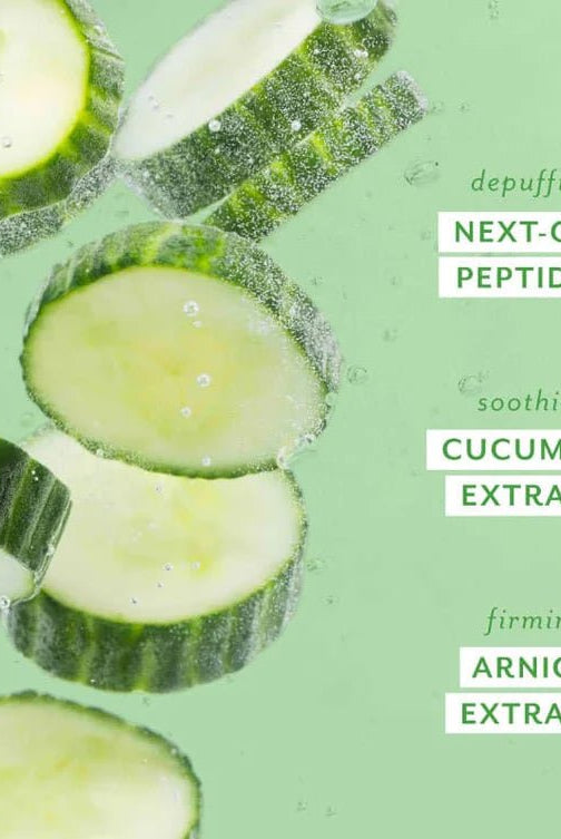 Cucumber slices with text highlighting ingredients on a green background, Patchology Cool Crush cryo-inspired hydrogel face mask depuffing