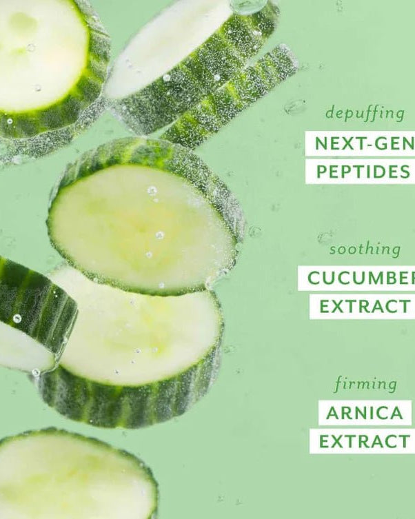 Cucumber slices with text highlighting ingredients on a green background, Patchology Cool Crush cryo-inspired hydrogel face mask depuffing