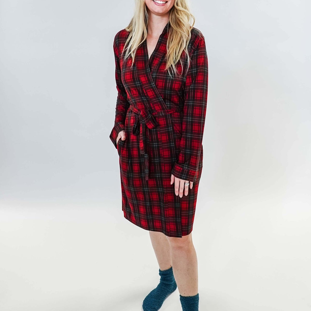 women's holiday red plaid robe in bamboo Georgia Rylan