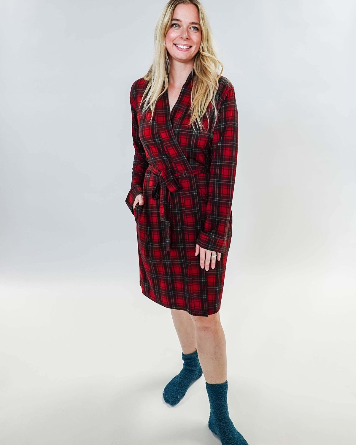 women's holiday red plaid robe in bamboo Georgia Rylan
