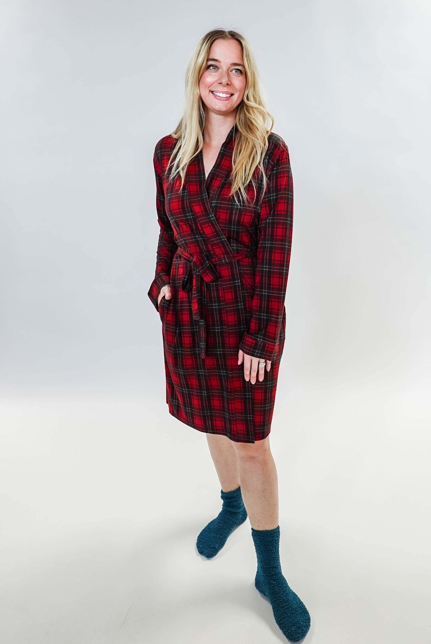 women's holiday red plaid robe in bamboo Georgia Rylan