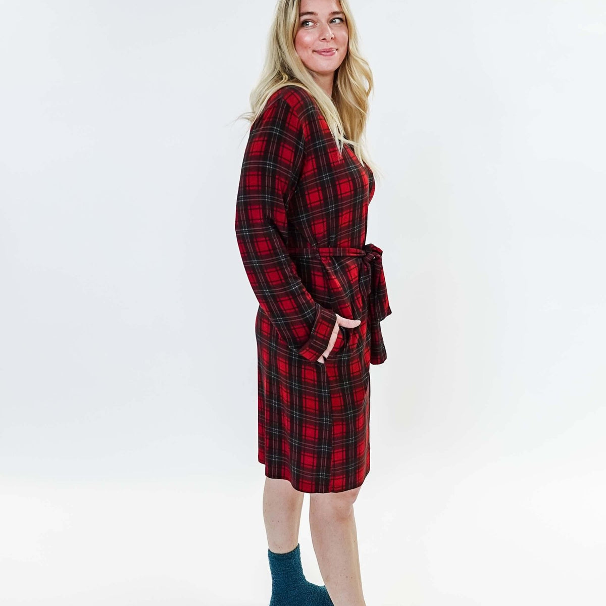 women's holiday red plaid robe in bamboo Georgia Rylan