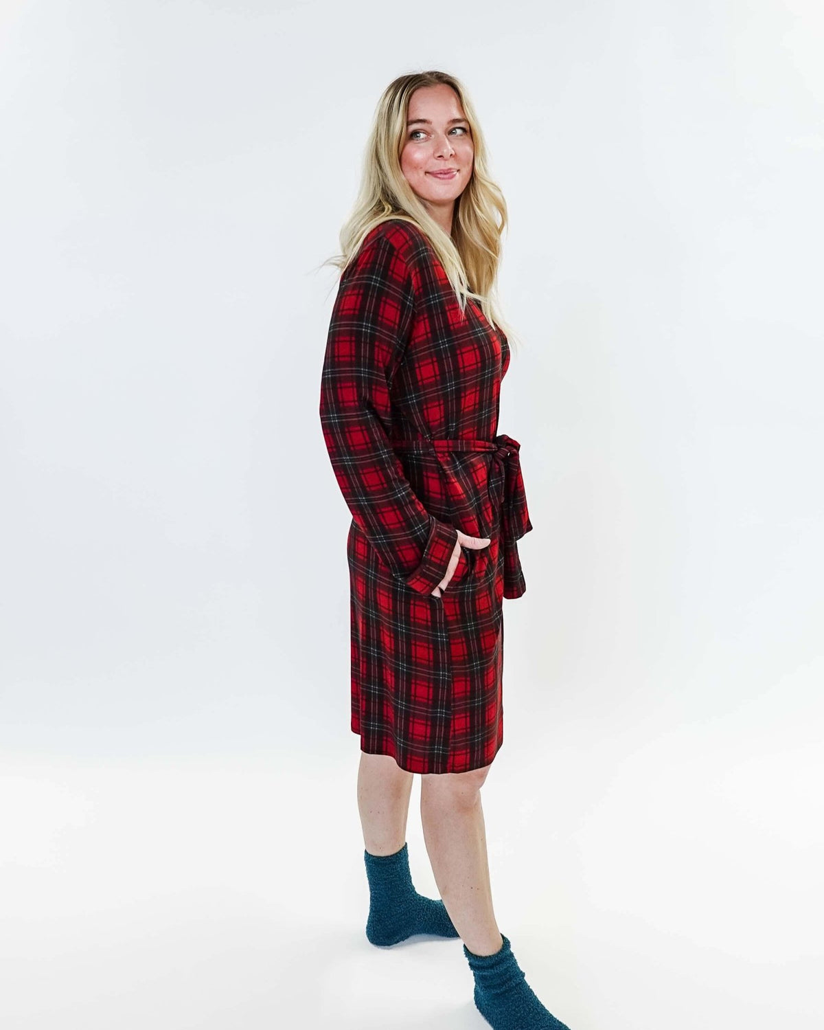 women's holiday red plaid robe in bamboo Georgia Rylan