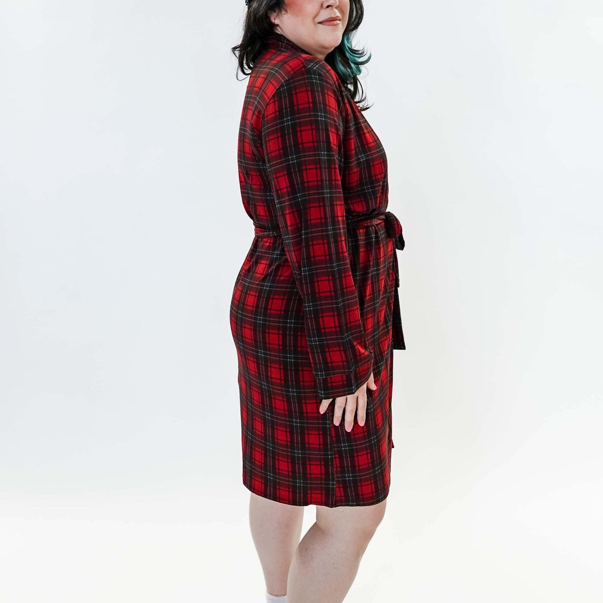 women's holiday red plaid robe in bamboo Georgia Rylan