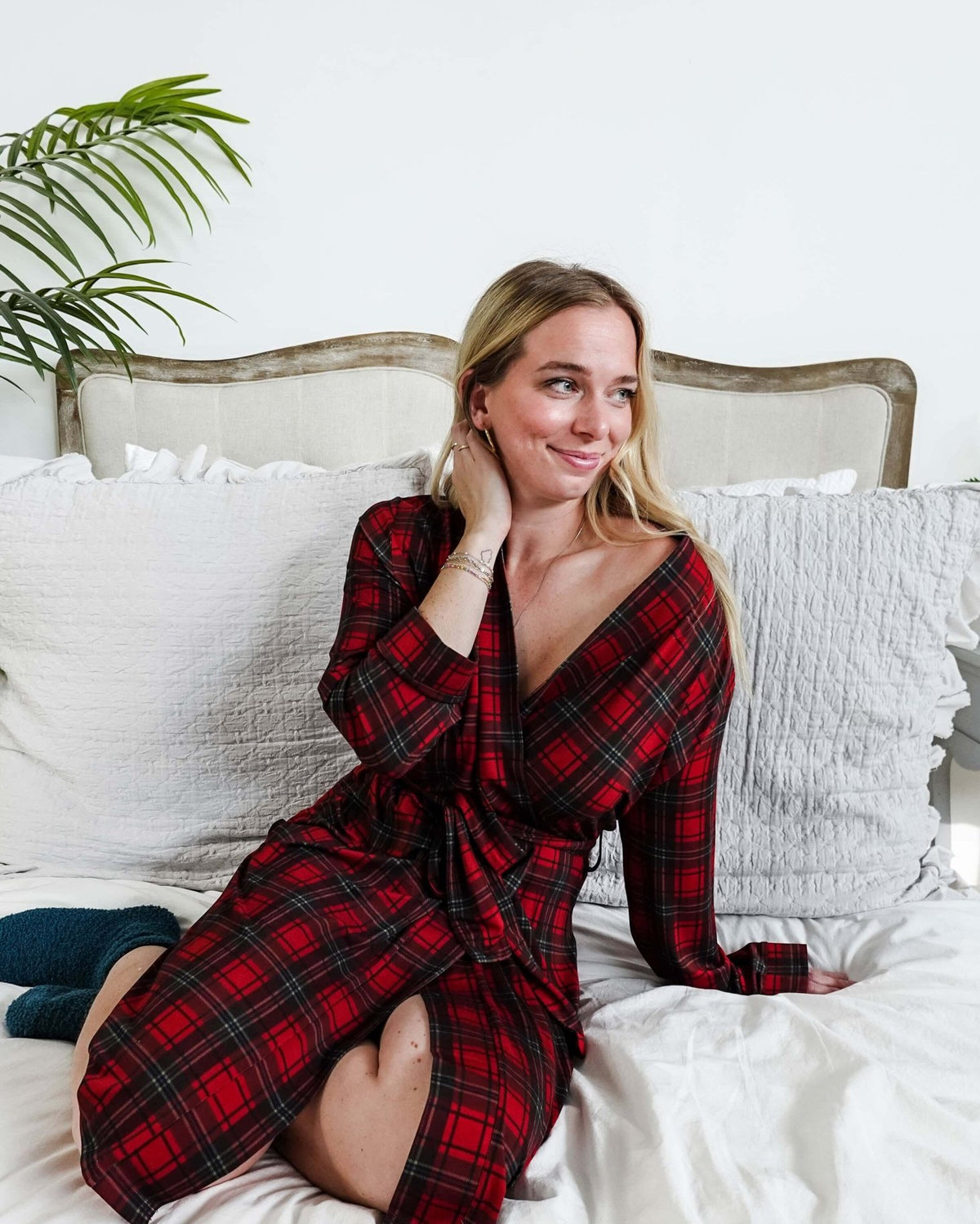 women's holiday red plaid robe in bamboo Georgia Rylan