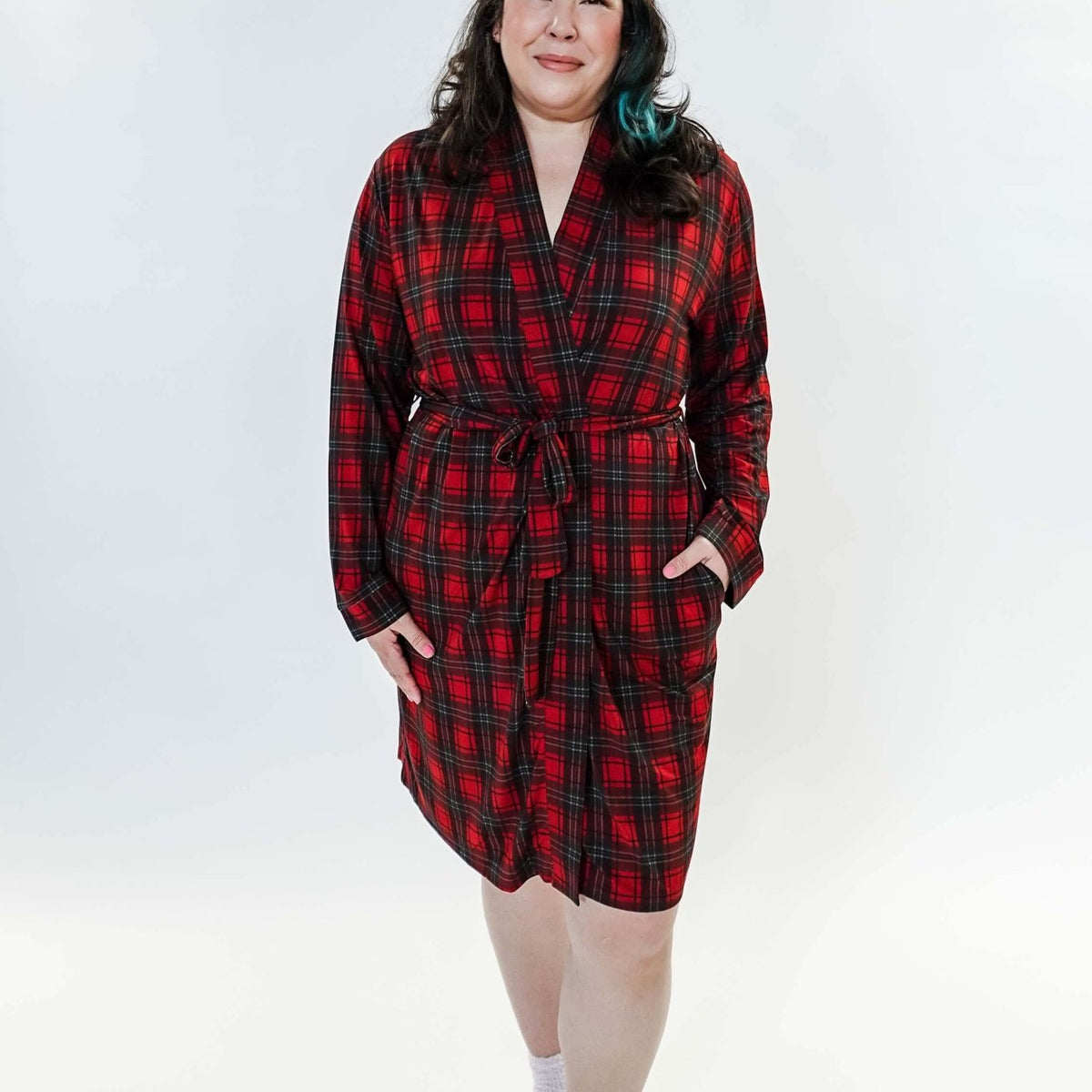 women's holiday red plaid robe in bamboo Georgia Rylan