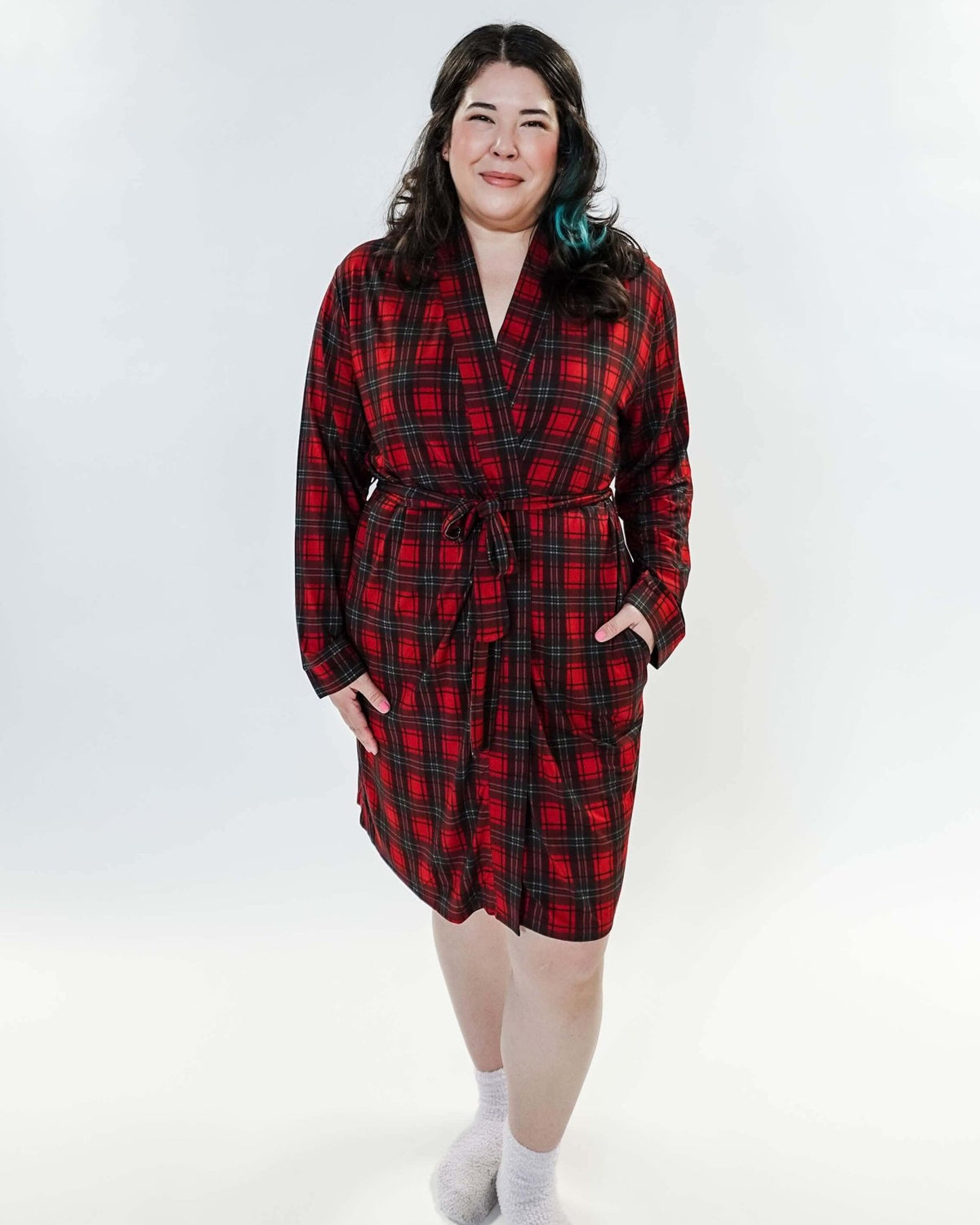 women's holiday red plaid robe in bamboo Georgia Rylan