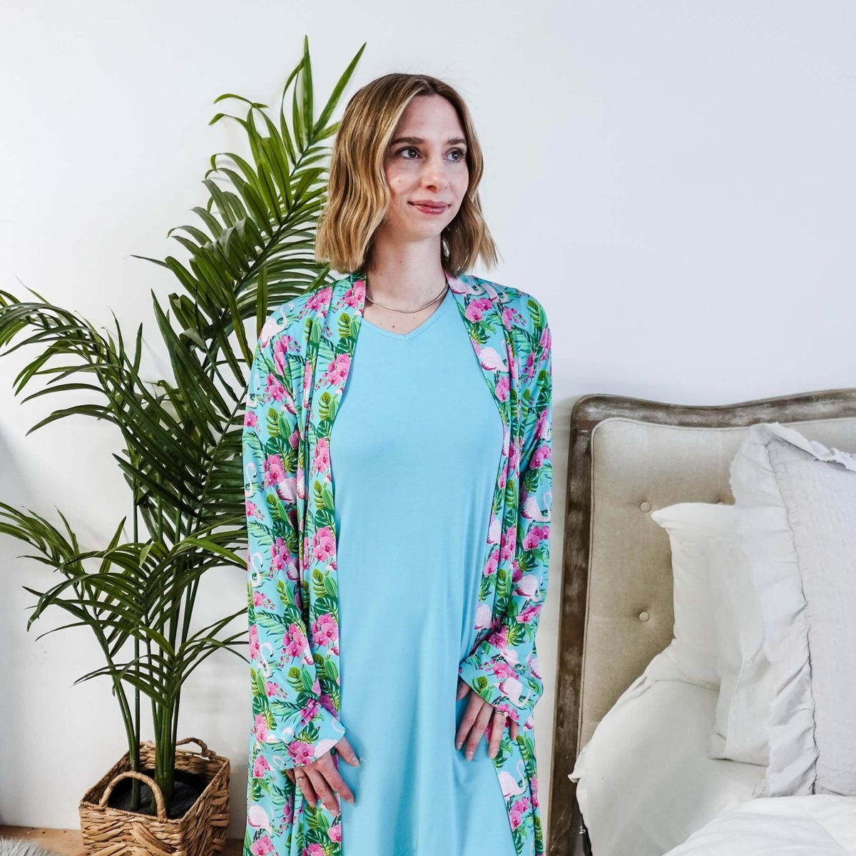 Cooling Bamboo Short Robe with Pockets Tropic Like It's Hot Bamboo Short Robe | Georgia Rylanshowing open fit