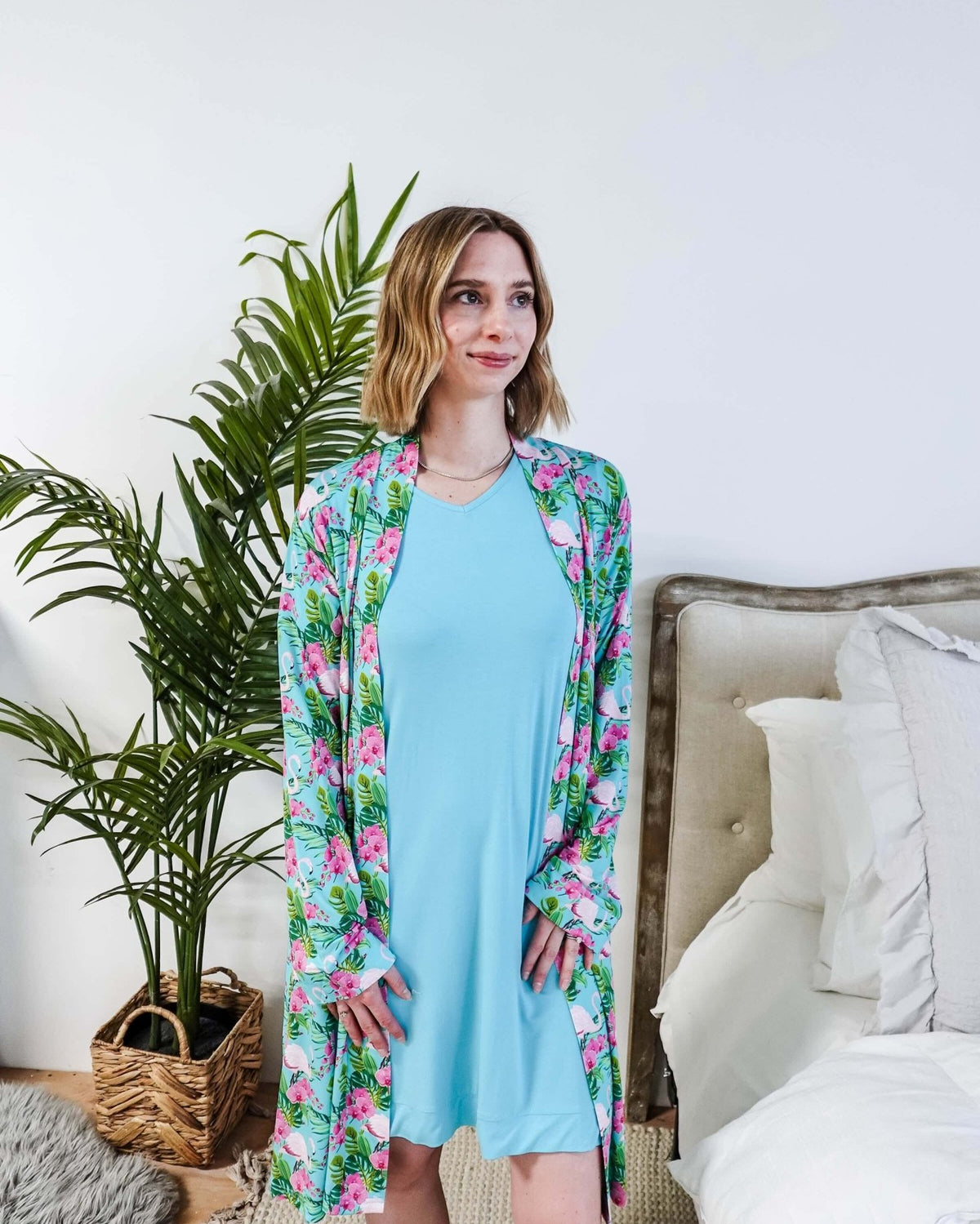 Cooling Bamboo Short Robe with Pockets Tropic Like It's Hot Bamboo Short Robe | Georgia Rylanshowing open fit