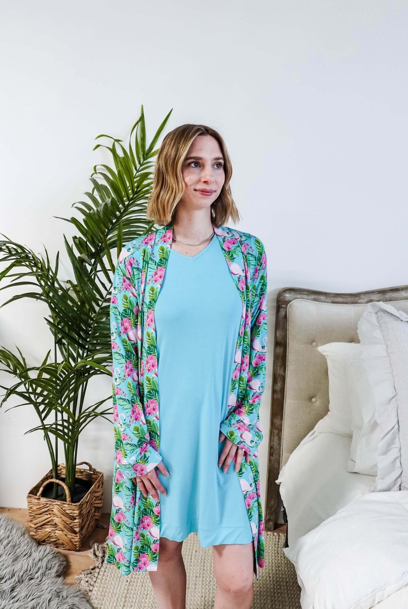 Cooling Bamboo Short Robe with Pockets Tropic Like It's Hot Bamboo Short Robe | Georgia Rylanshowing open fit
