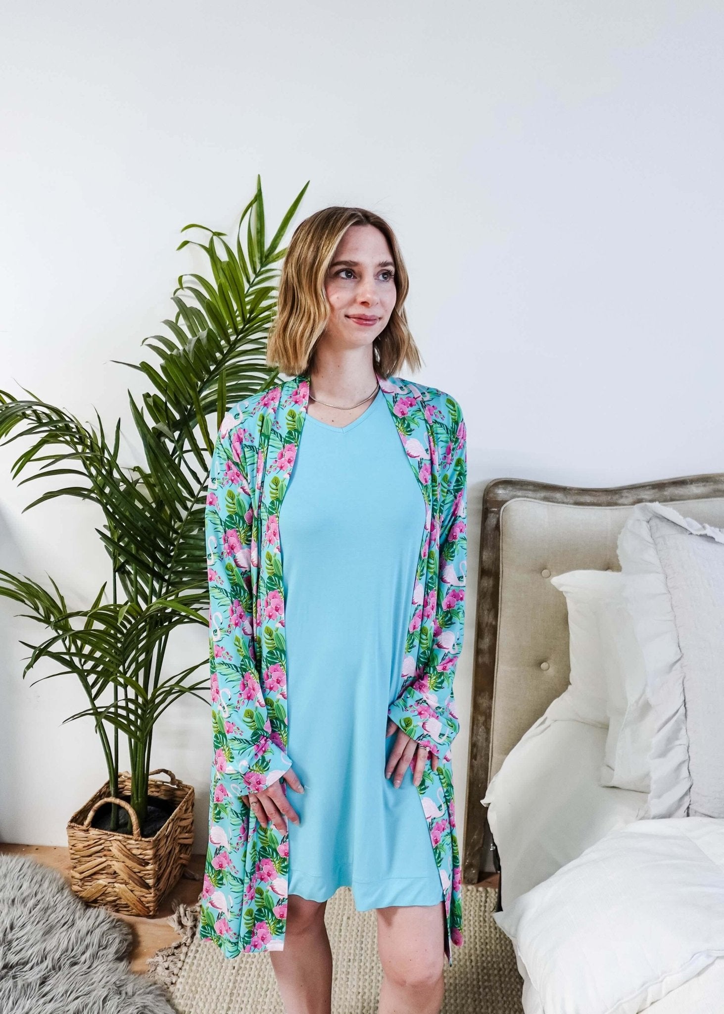 Cooling Bamboo Short Robe with Pockets Tropic Like It's Hot Bamboo Short Robe | Georgia Rylanshowing open fit