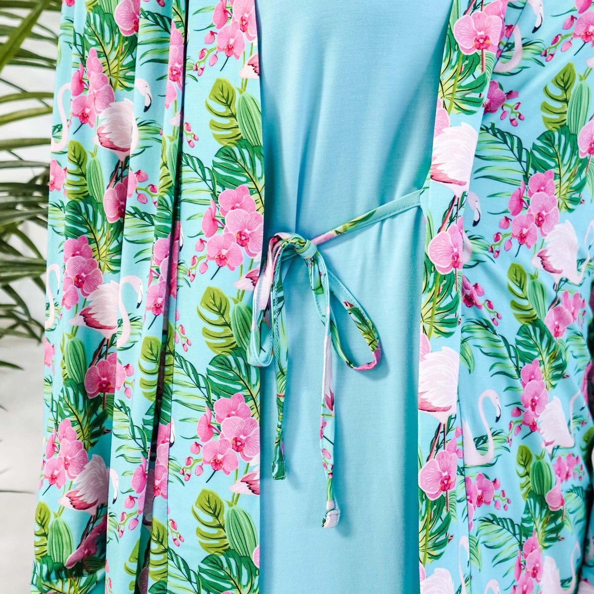 Cooling Bamboo Short Robe with Pockets Tropic Like It's Hot Bamboo Short Robe | Georgia Rylanshowing inner tie