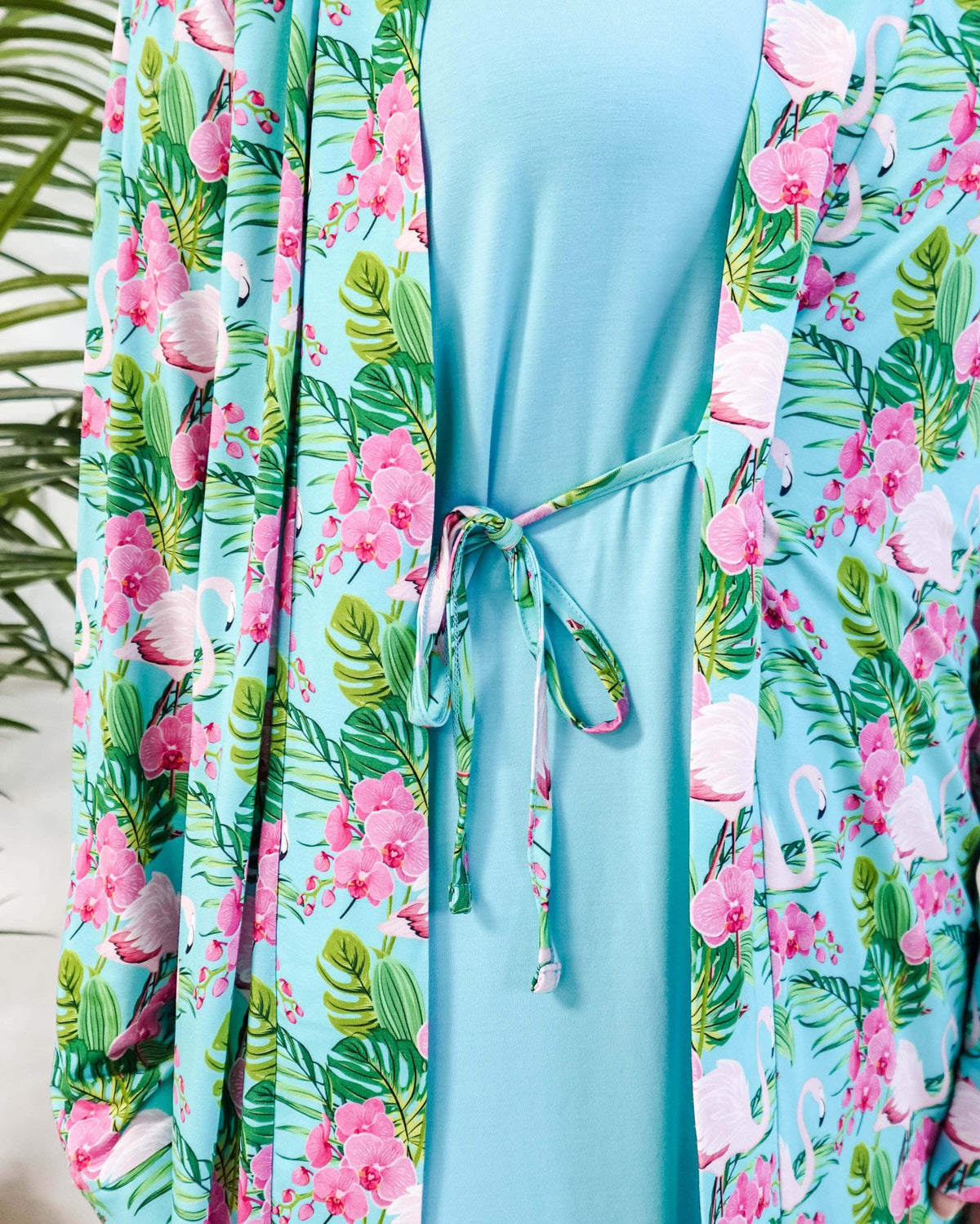 Cooling Bamboo Short Robe with Pockets Tropic Like It's Hot Bamboo Short Robe | Georgia Rylanshowing inner tie