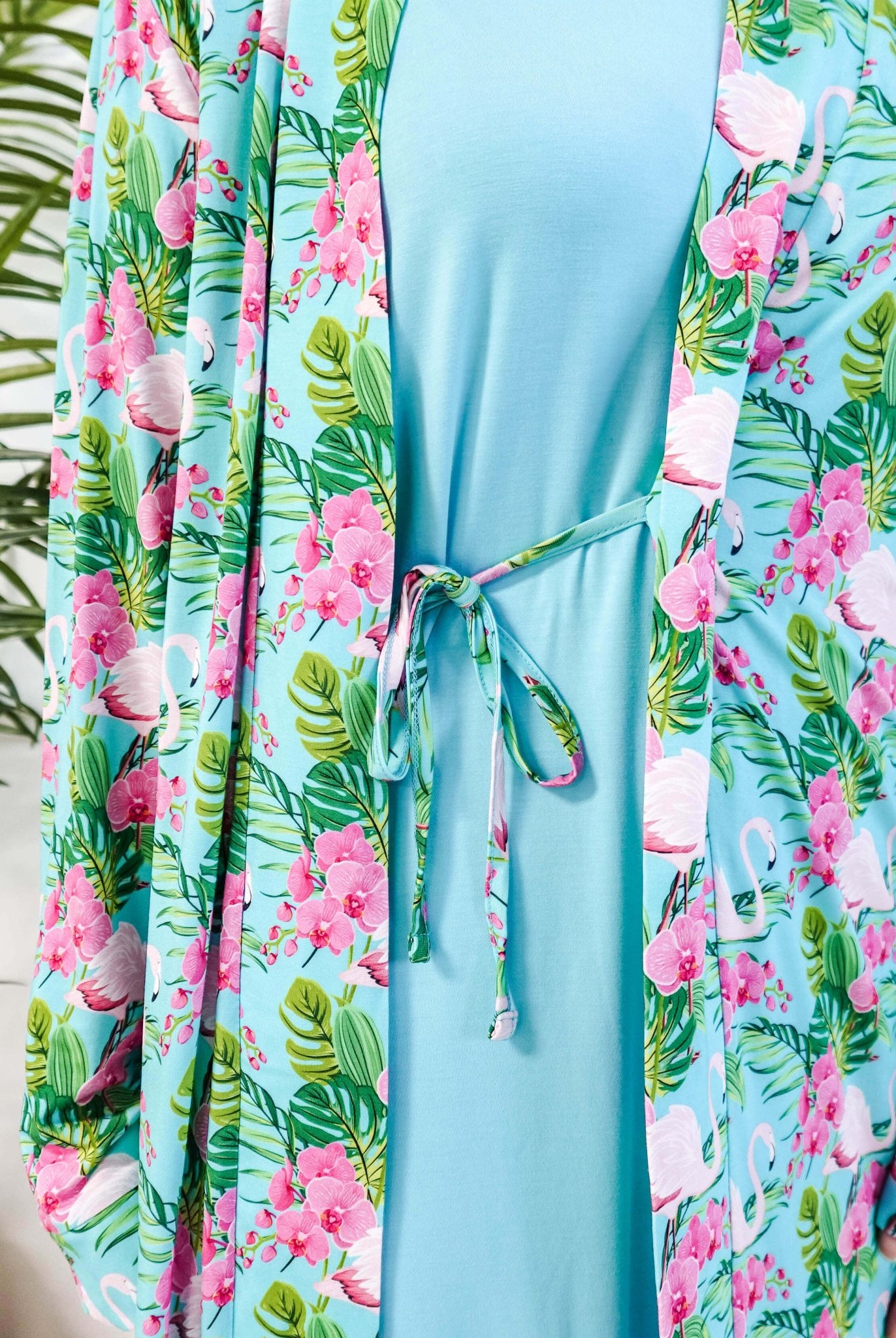 Cooling Bamboo Short Robe with Pockets Tropic Like It's Hot Bamboo Short Robe | Georgia Rylanshowing inner tie