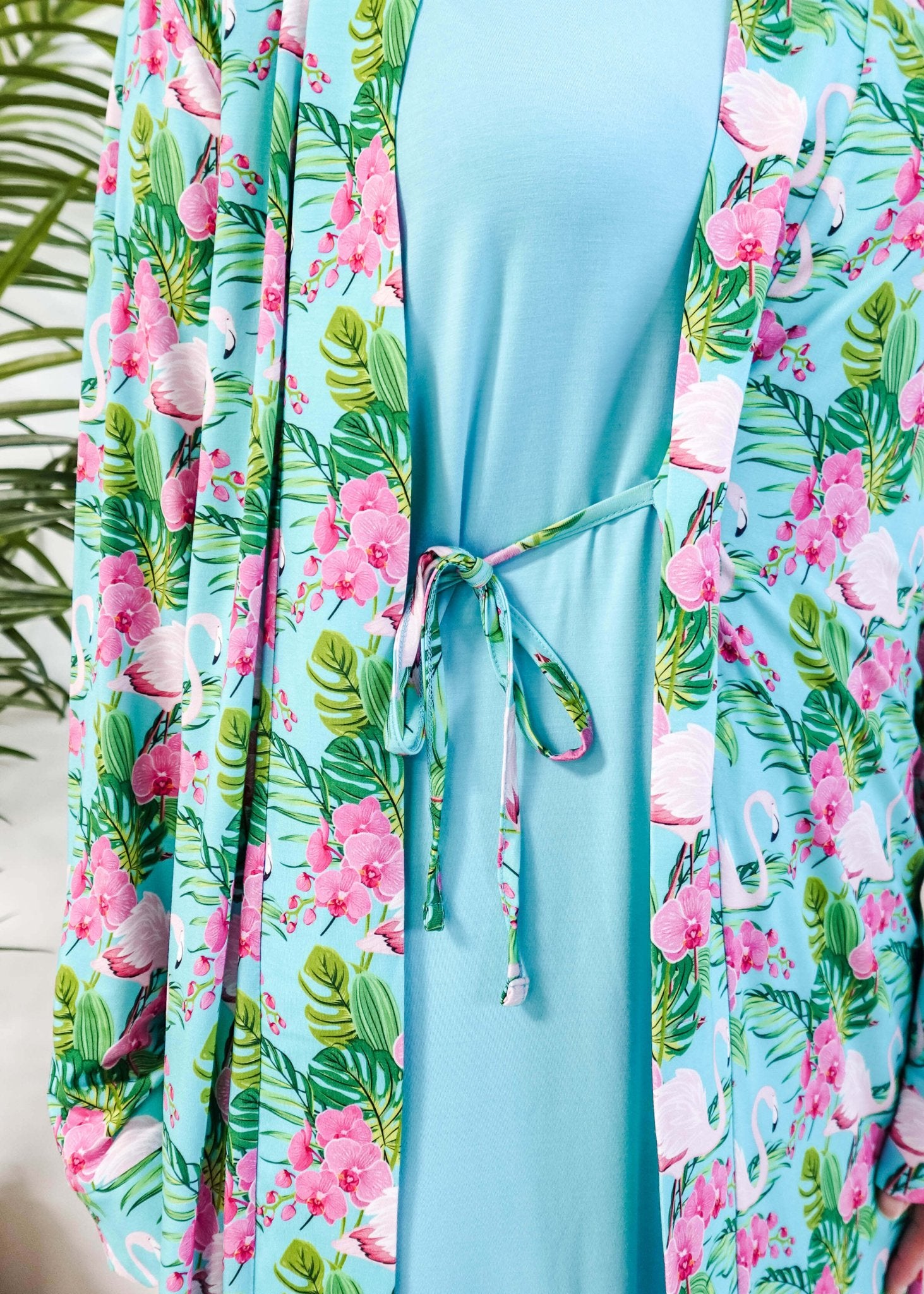 Cooling Bamboo Short Robe with Pockets Tropic Like It's Hot Bamboo Short Robe | Georgia Rylanshowing inner tie