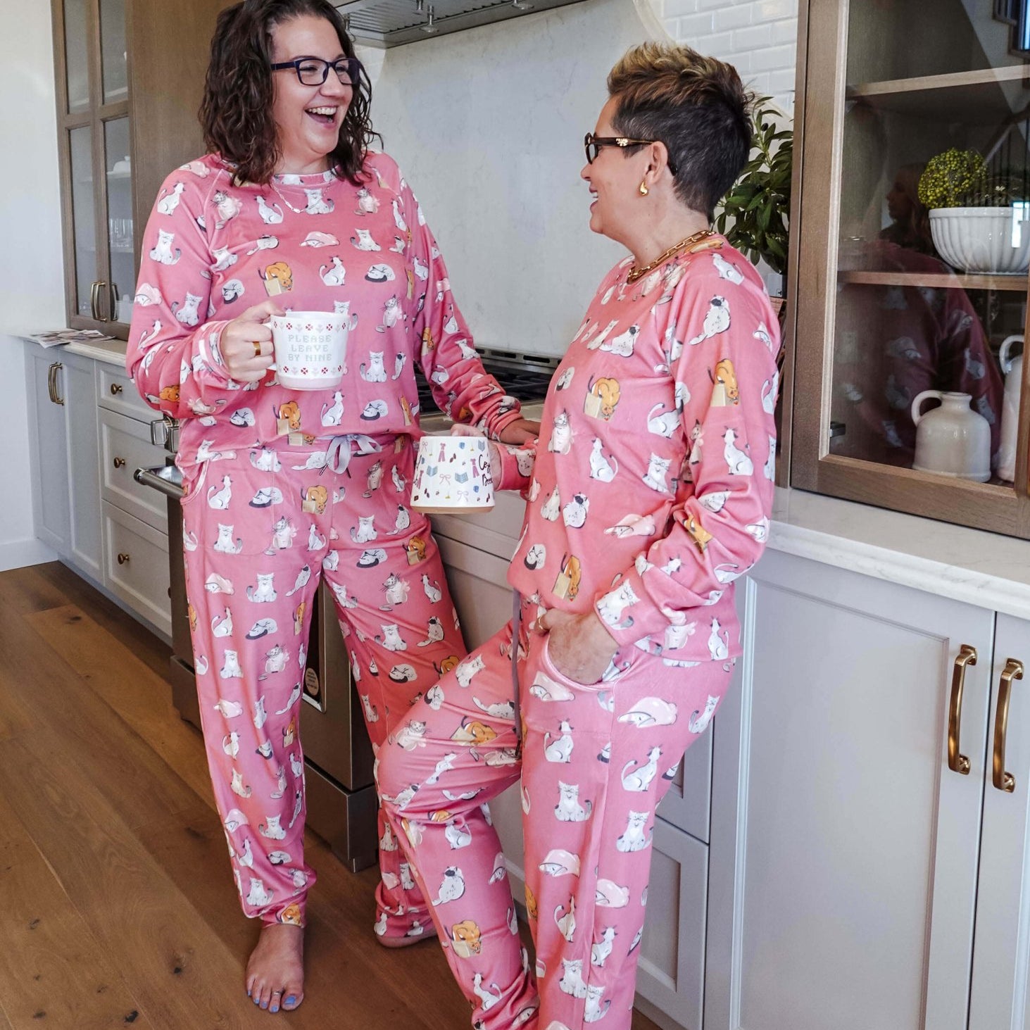 pink cat print velour soft pajama set for women teens and adults