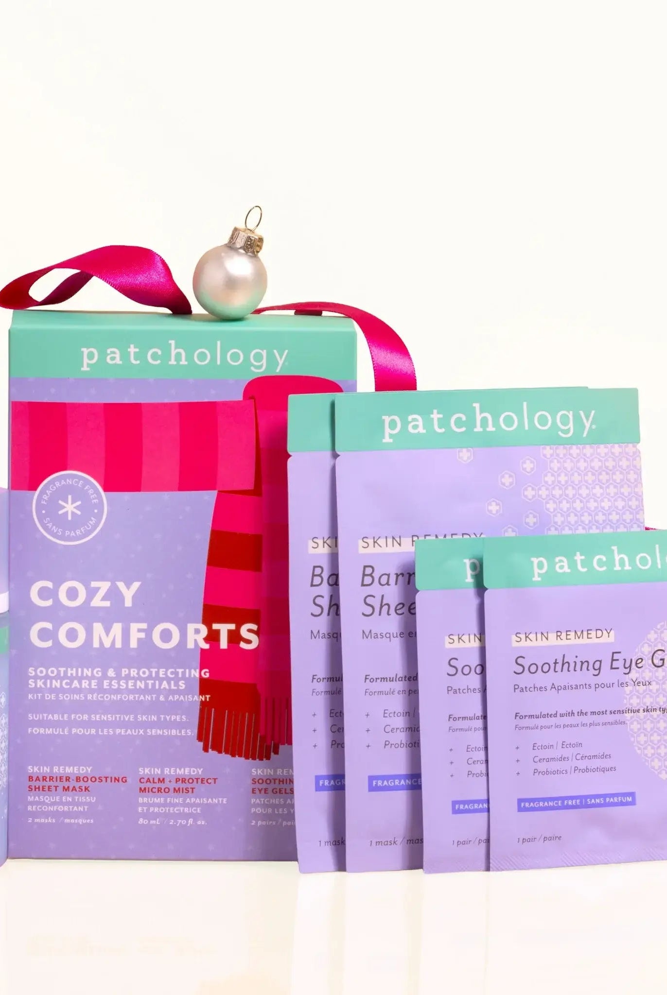 Cozy Comforts Soothing & Protecting Skincare Essential Kit Patchology displayed with festive decorations.