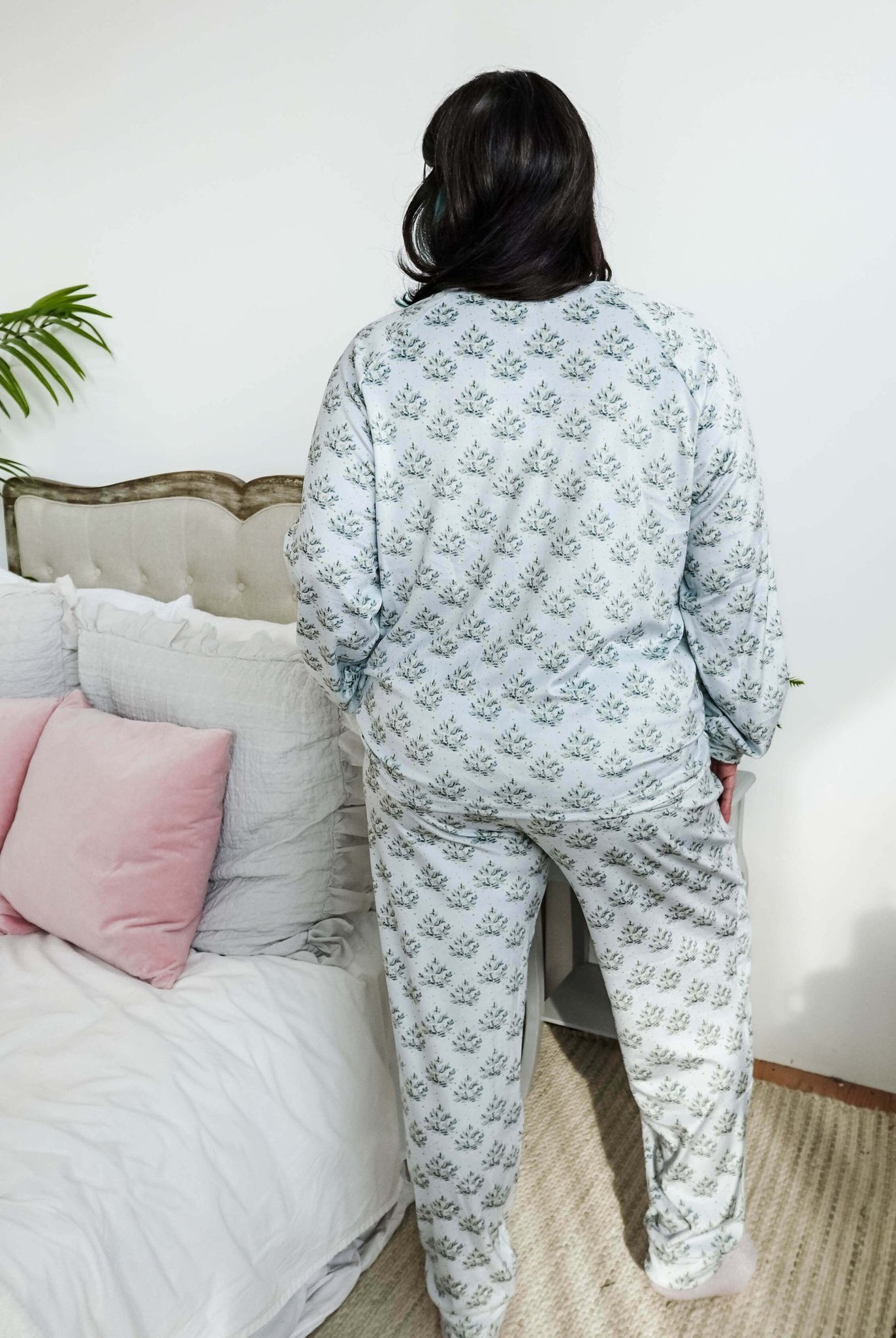 Cozy Pine Long Sleeve Jogger Velour Lounge Set modeled by a woman with long dark hair, showcasing soft fabric and comfort.