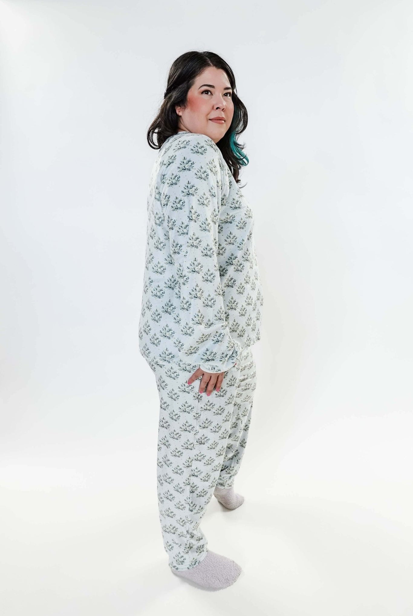 Cozy Pine Long Sleeve Jogger Velour Lounge Set modeled by a woman with long dark hair, showcasing soft fabric and comfort.