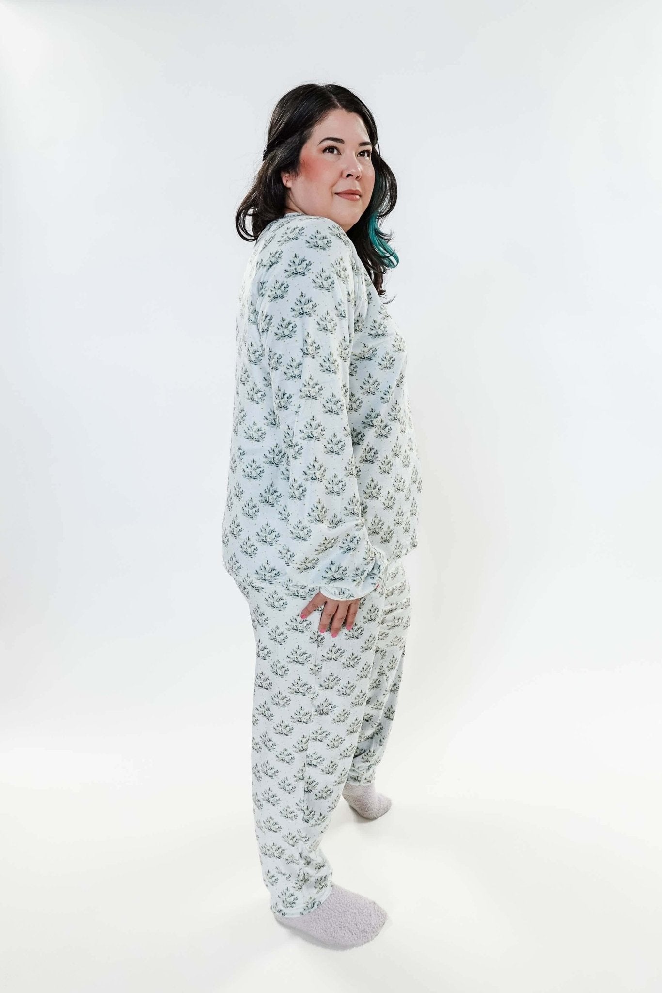 Cozy Pine Long Sleeve Jogger Velour Lounge Set modeled by a woman with long dark hair, showcasing soft fabric and comfort.