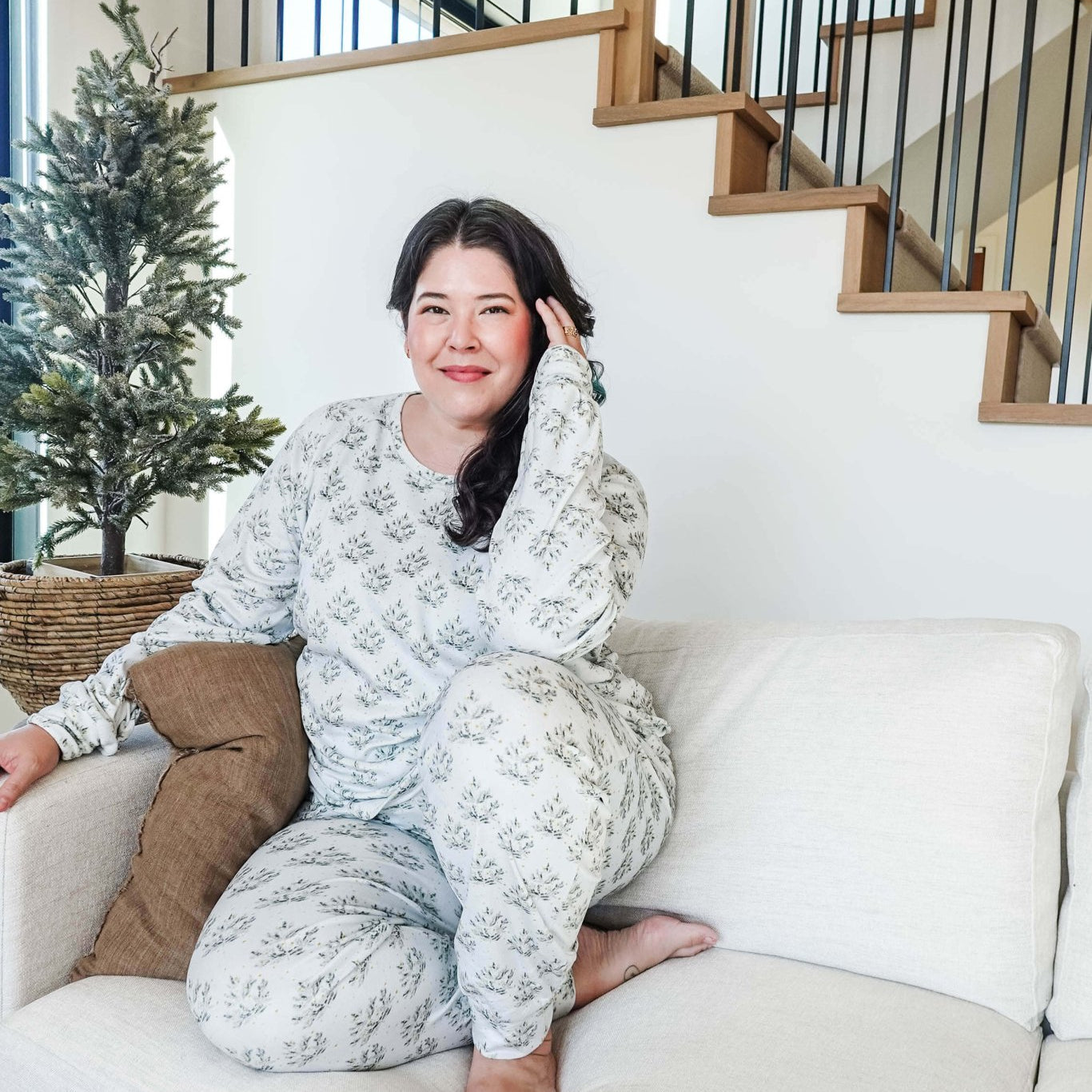 winter pine print in velour pj set for christmas