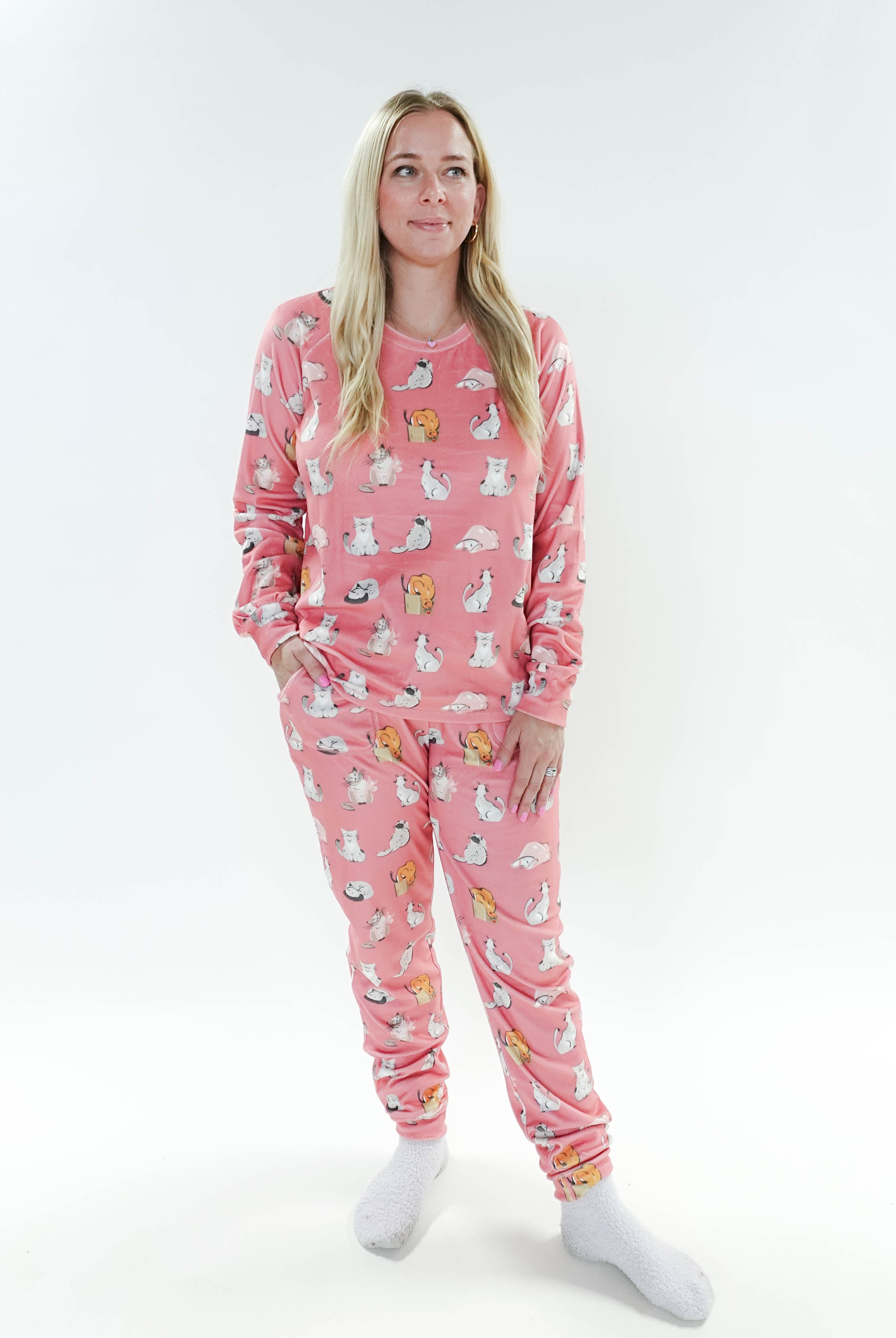 women's cat print pj velour set jogger and top MIRANDA NIC