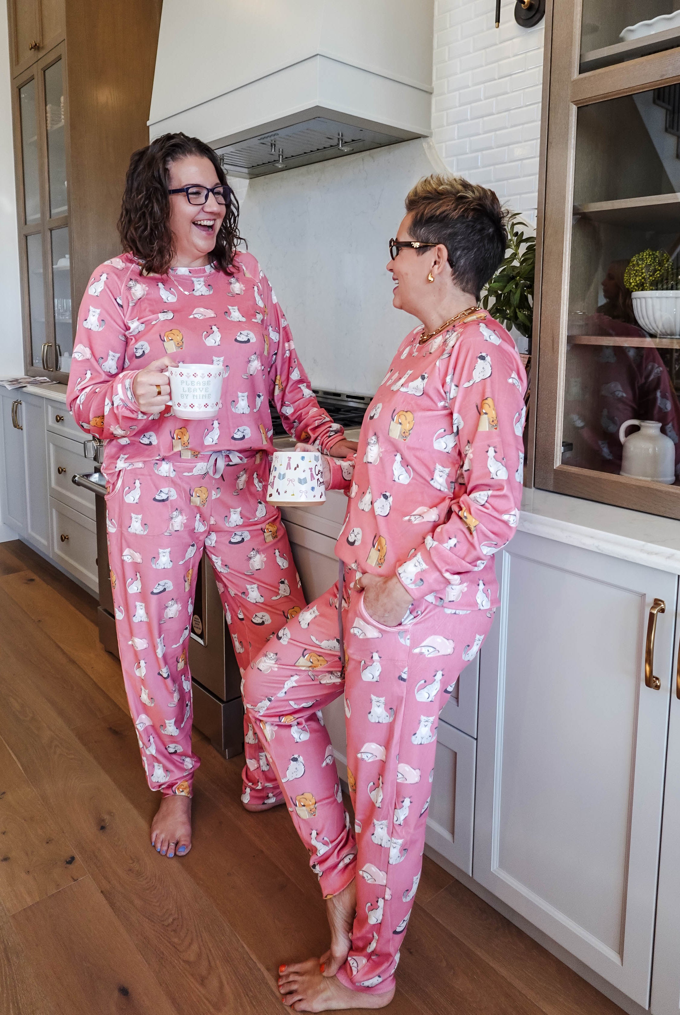 pink cat print velour soft pajama set for women teens and adults