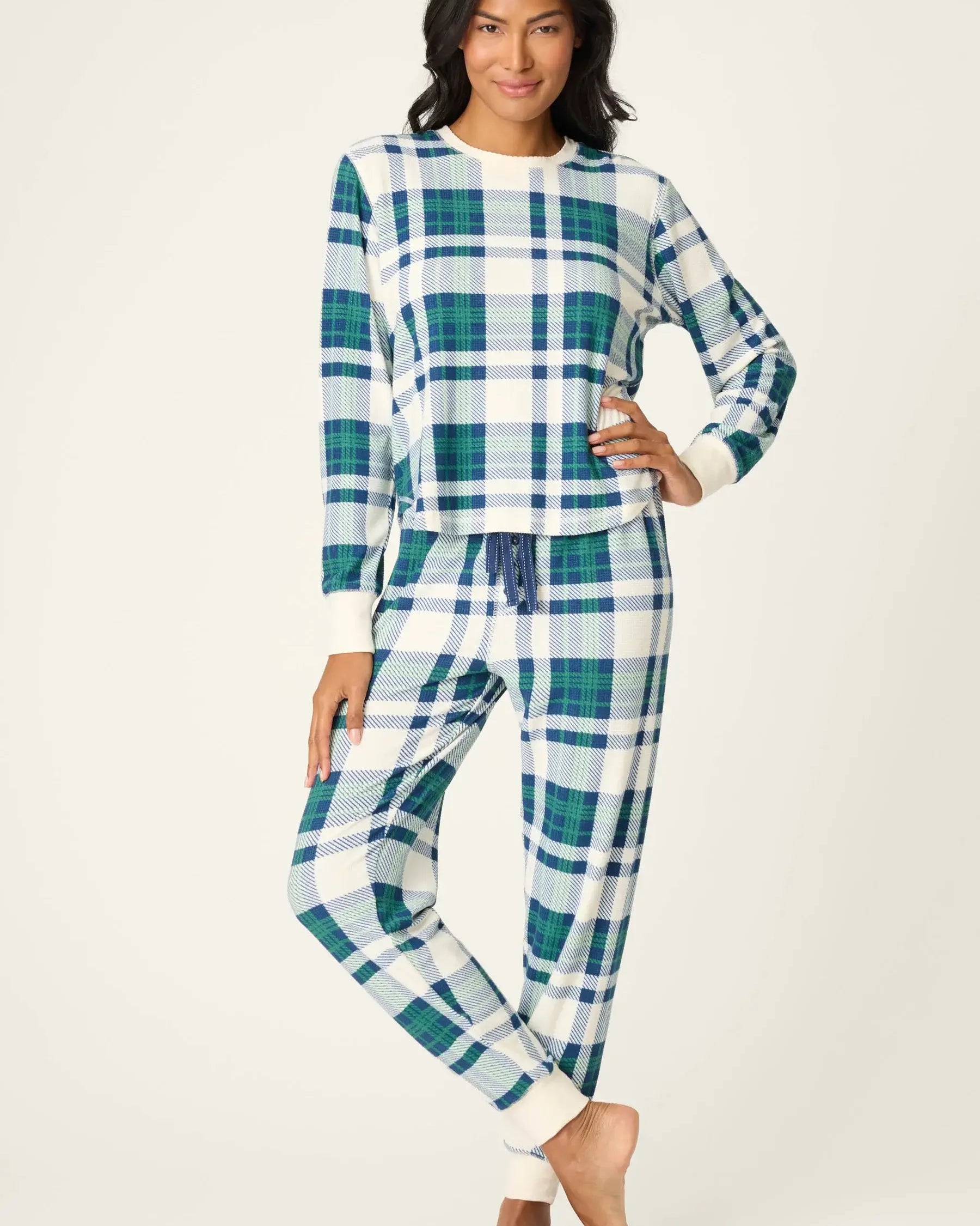 women's green and white plaid velour pj set from pj salvage