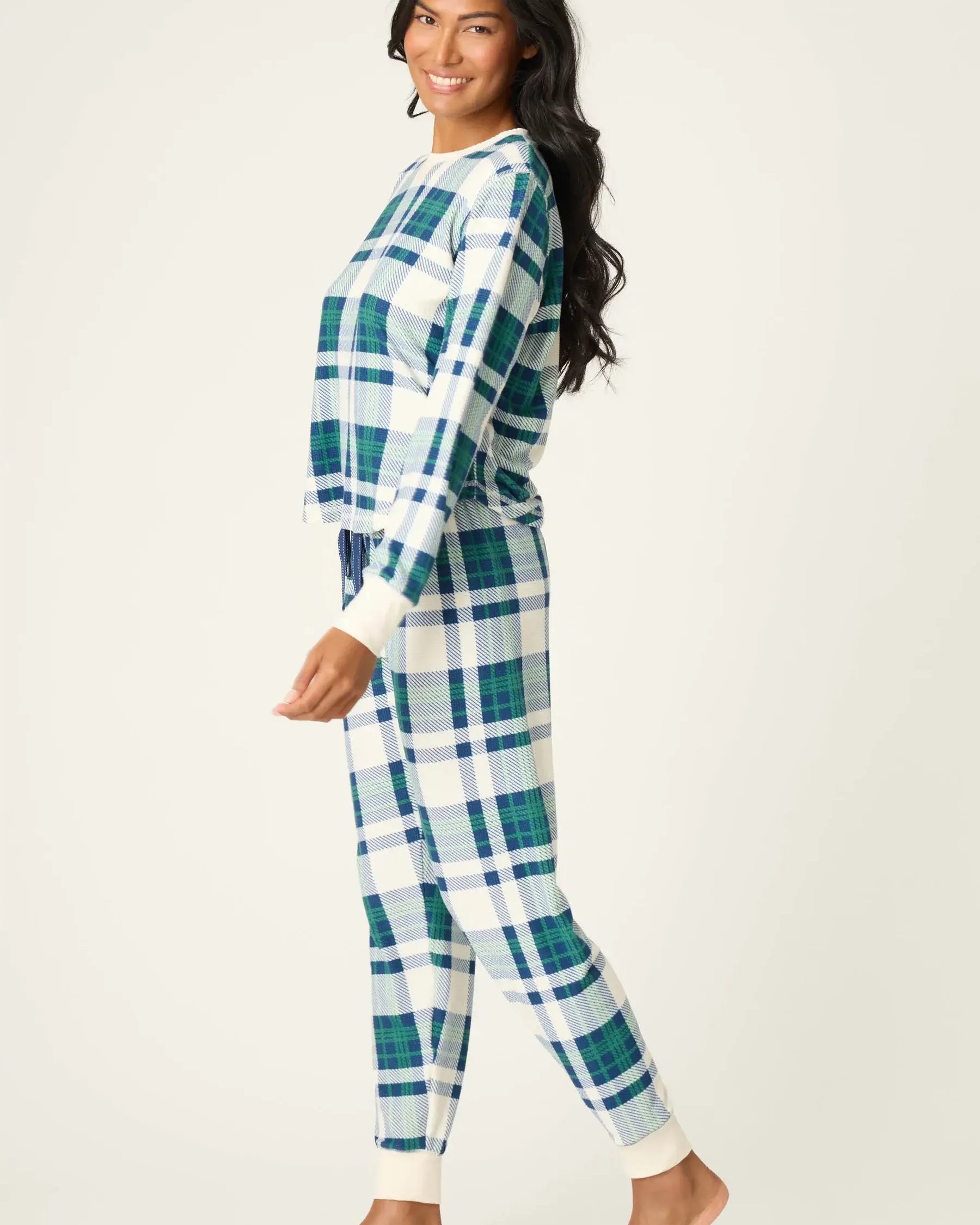 women's green and white plaid velour pj set from pj salvage