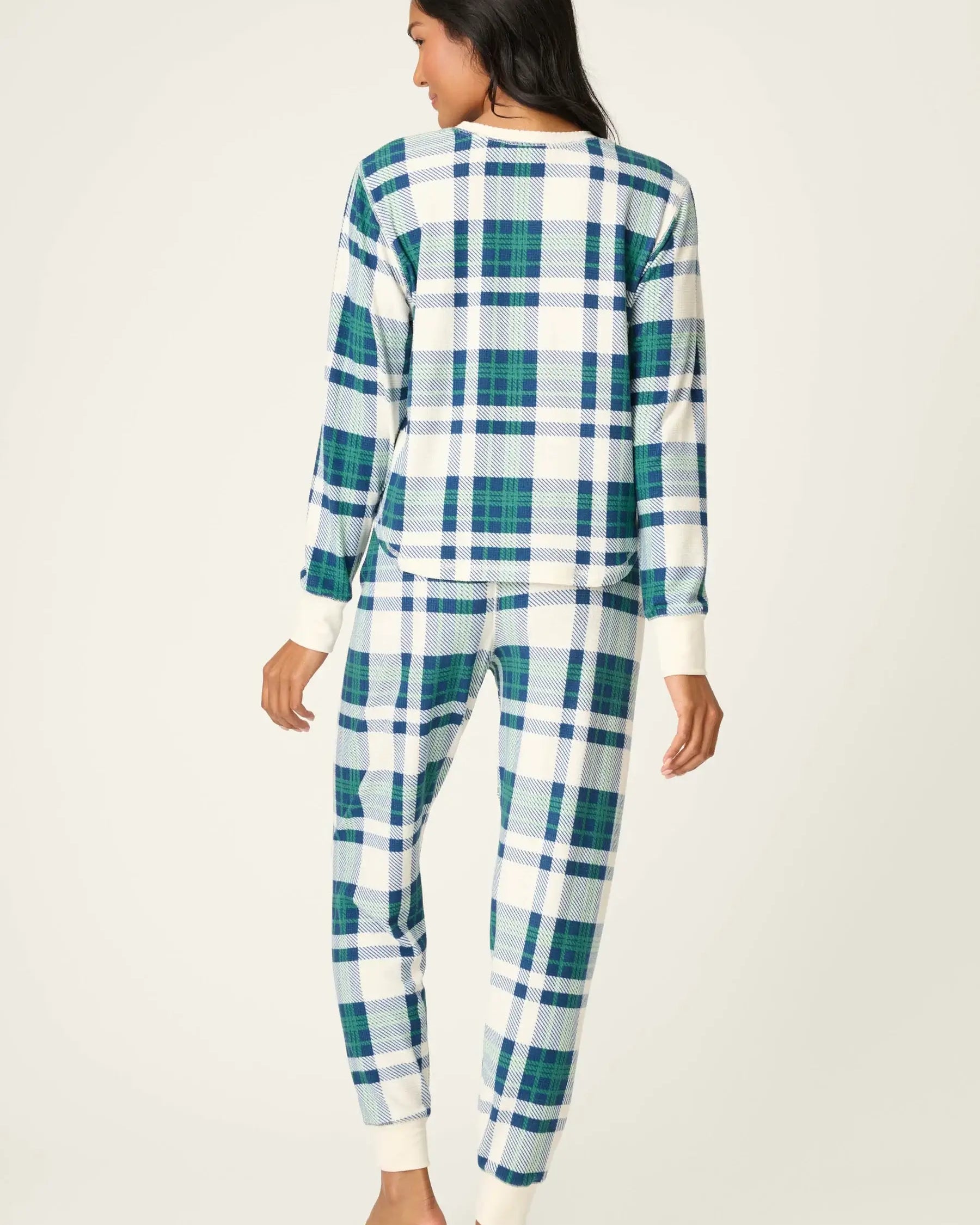 Cozy Life Thermal Velour Plaid PJ Set back view on model, featuring classic green plaid pattern and comfortable fit.