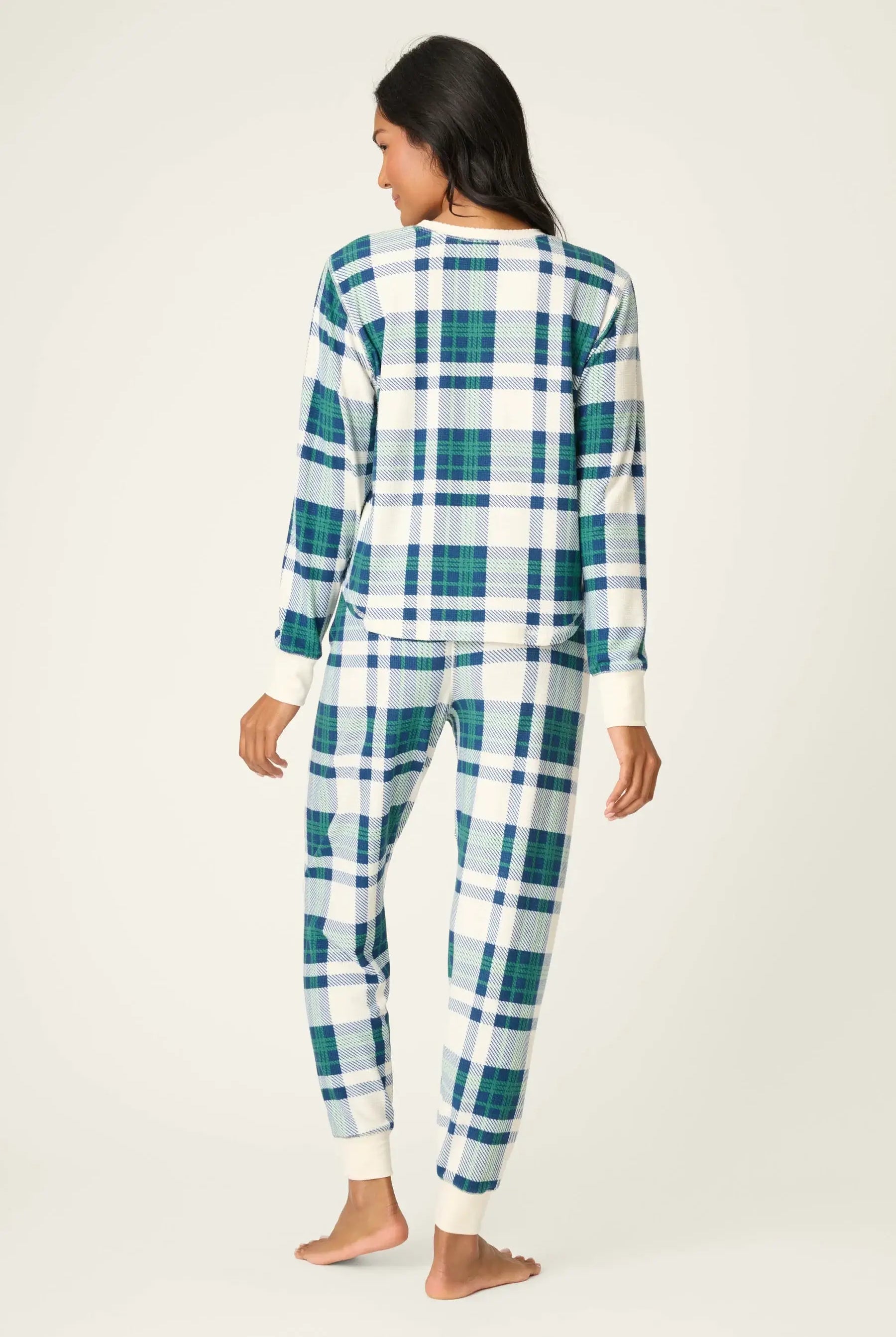 Cozy Life Thermal Velour Plaid PJ Set back view on model, featuring classic green plaid pattern and comfortable fit.