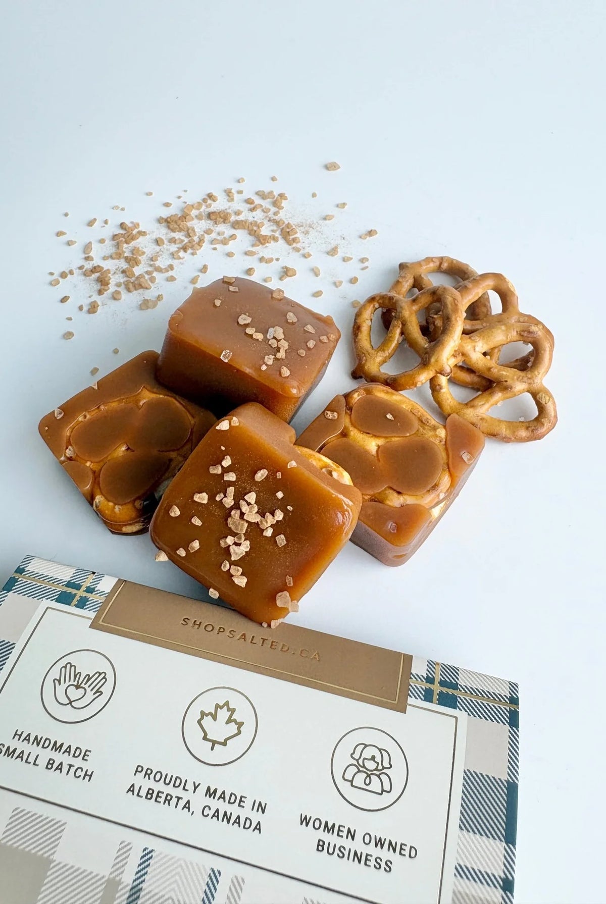 Salted Crisp and Cozy handcrafted caramels close-up apple pretzel salted caramel — Cloud Nine Pajamas
