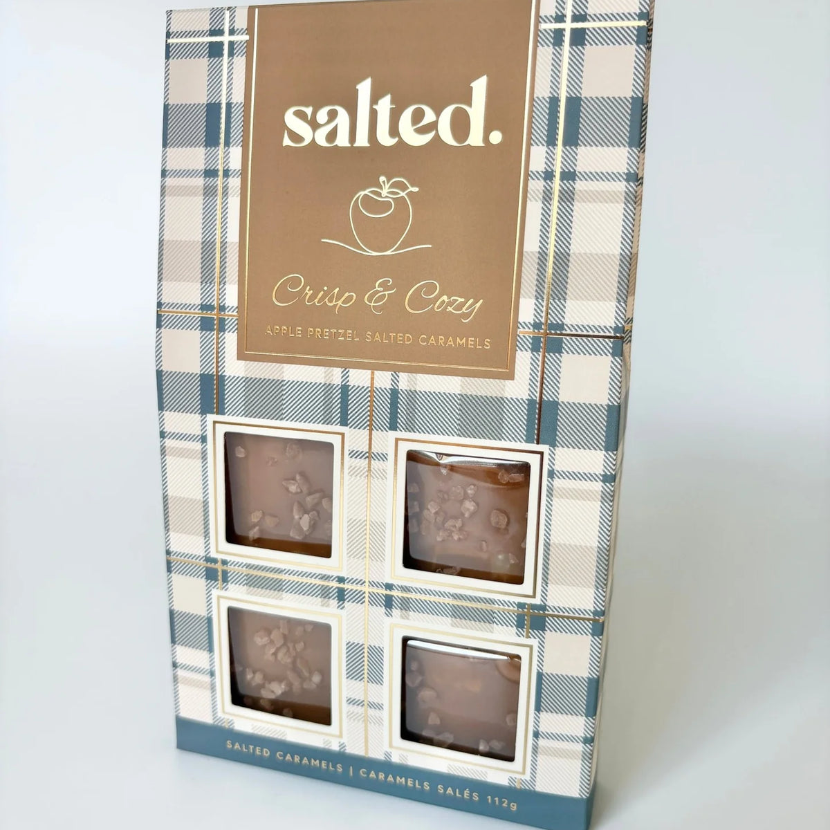 Salted Crisp and Cozy 4-piece caramel box plaid and gold foil packaging — Cloud Nine Pajamas Edmonton