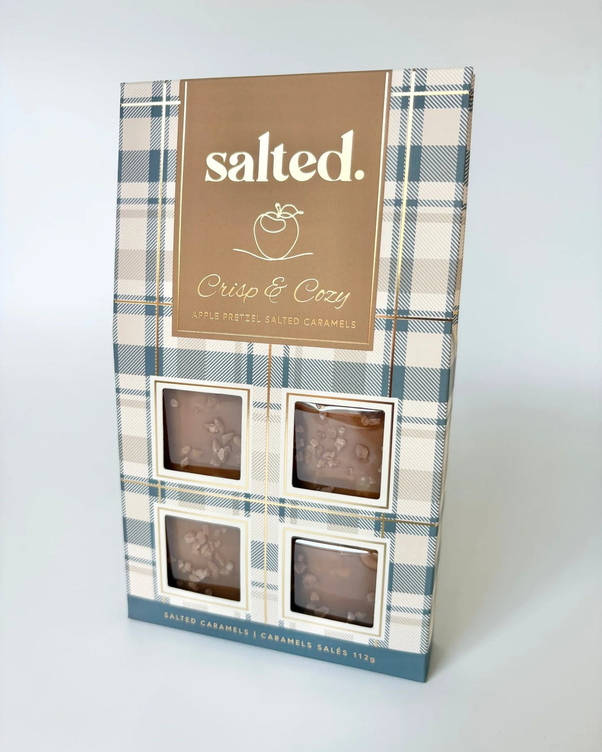 Salted Crisp and Cozy 4-piece caramel box plaid and gold foil packaging — Cloud Nine Pajamas Edmonton