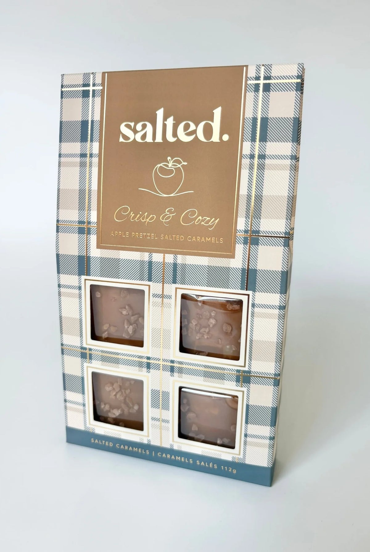 Salted Crisp and Cozy 4-piece caramel box plaid and gold foil packaging — Cloud Nine Pajamas Edmonton