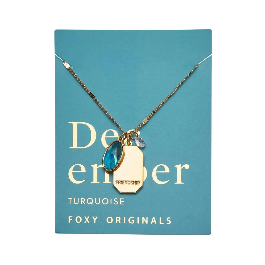 Birthstone Charm Necklace in 14k Plated Gold featuring December turquoise stone and 'FRIENDSHIP' intention word by Foxy Originals.
