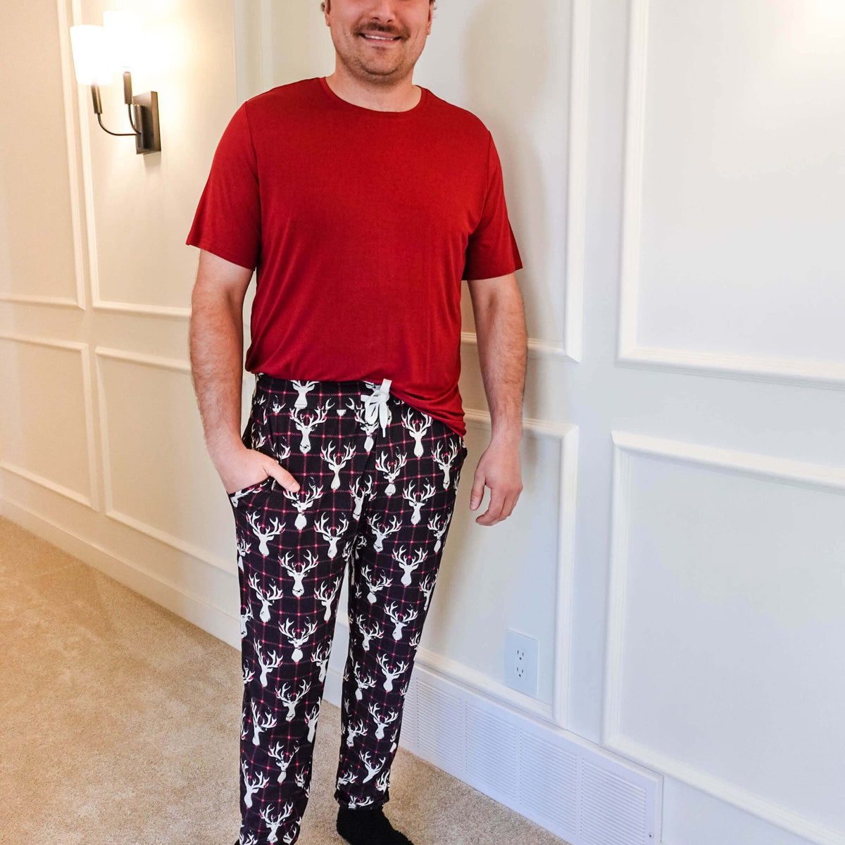 black, white and red plaid print with deer head outline - unisex joggers for women, men from teen to adult in soft bamboo.