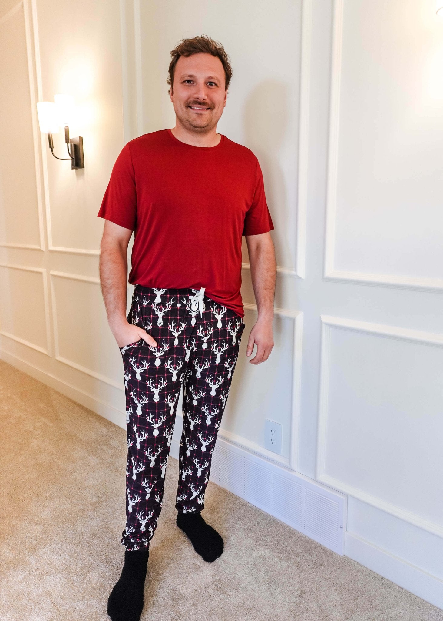 black, white and red plaid print with deer head outline - unisex joggers for women, men from teen to adult in soft bamboo.