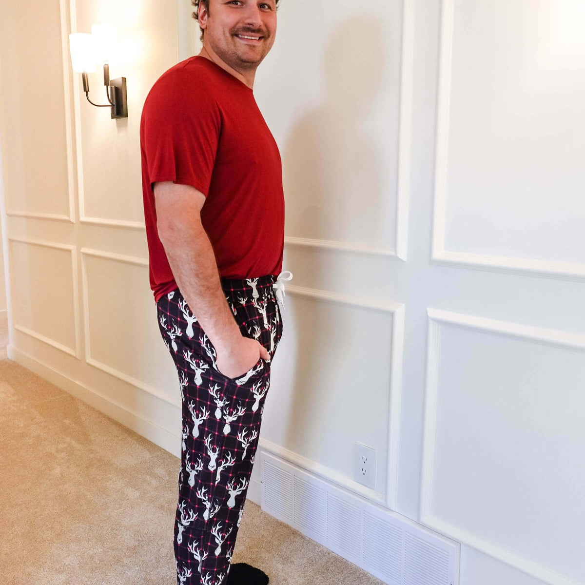 black, white and red plaid print with deer head outline - unisex joggers for women, men from teen to adult in soft bamboo.