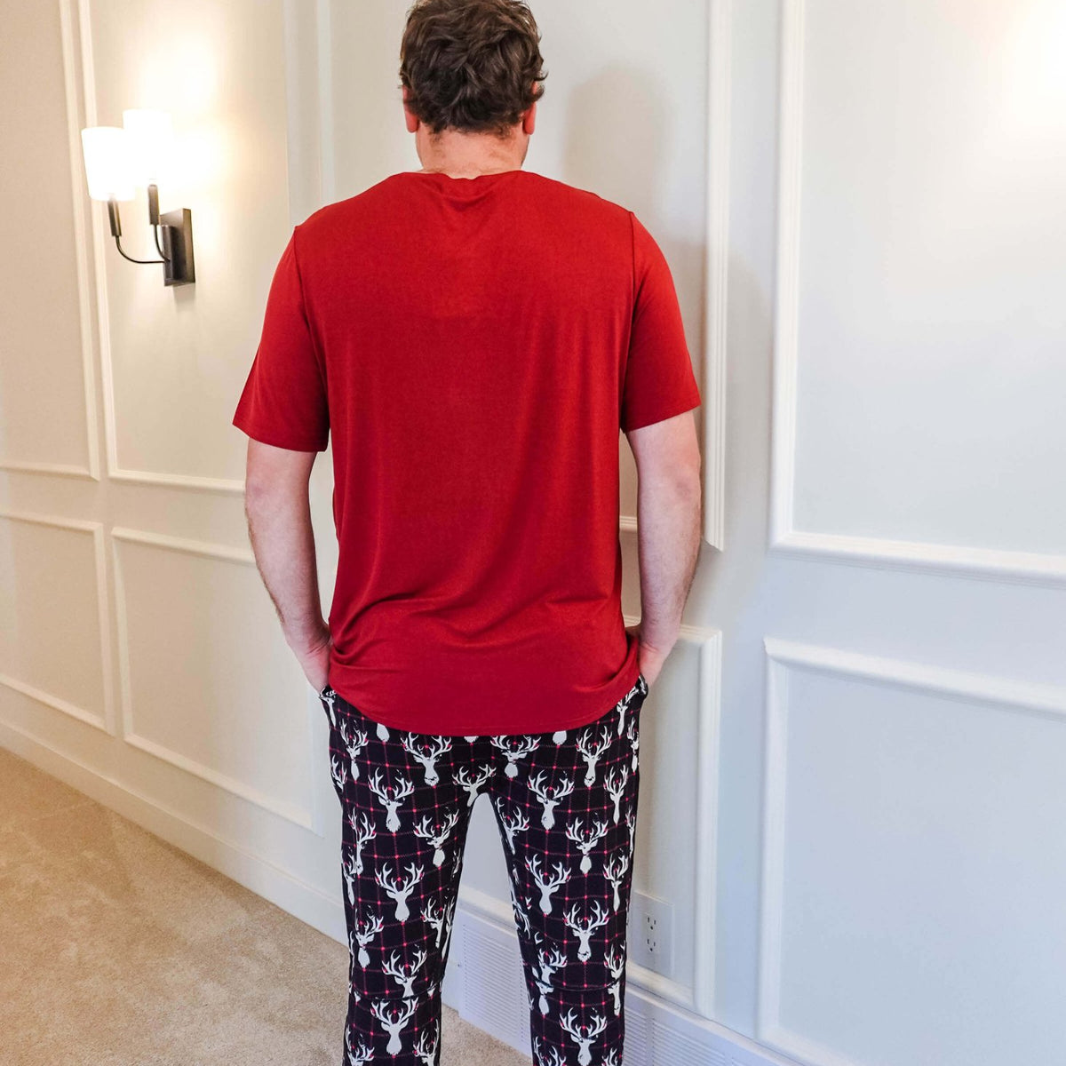 black, white and red plaid print with deer head outline - unisex joggers for women, men from teen to adult in soft bamboo. - view of back